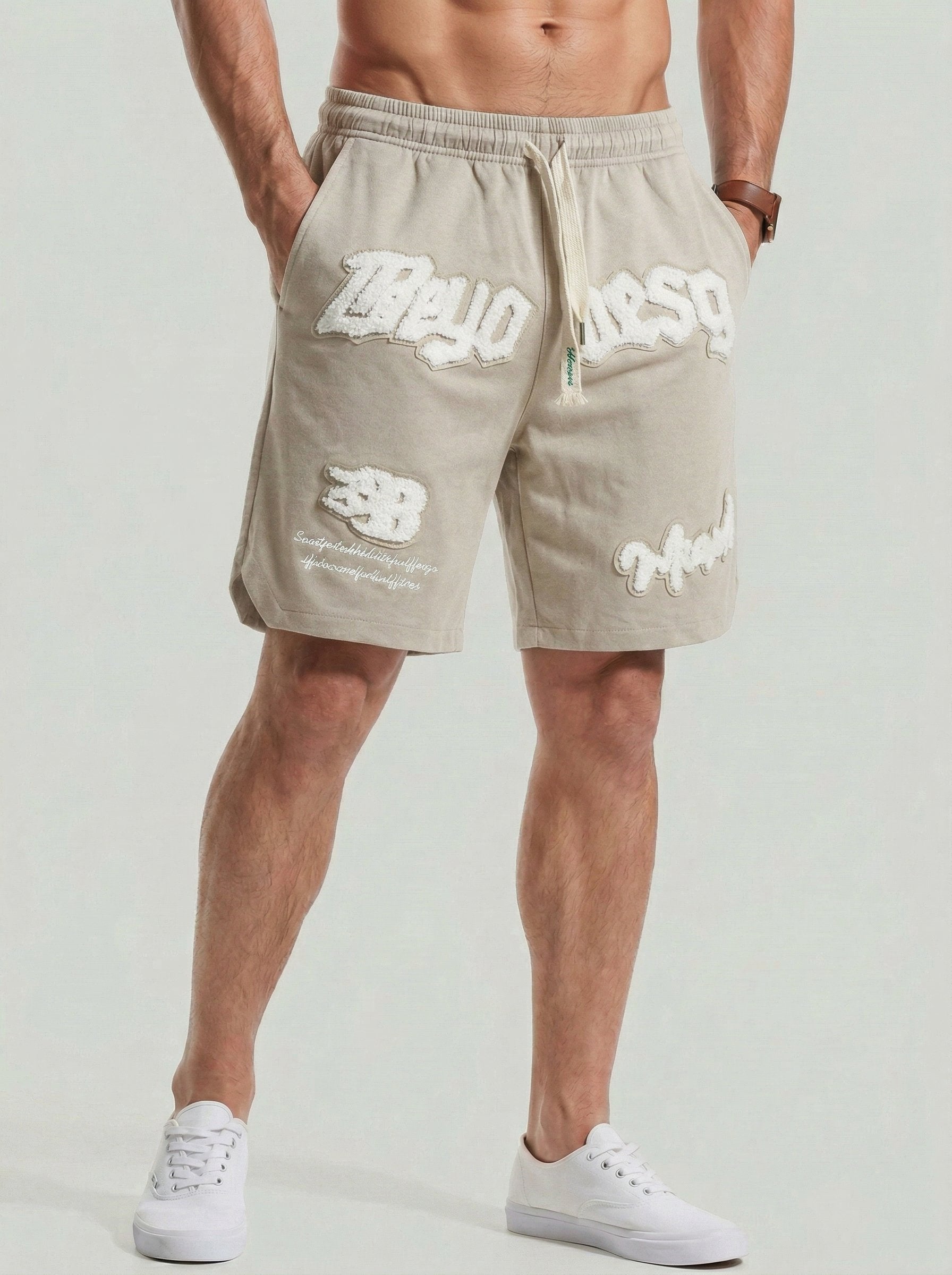KZZ Men's Letter Embroidery Patched Drawstring Waist  Shorts
