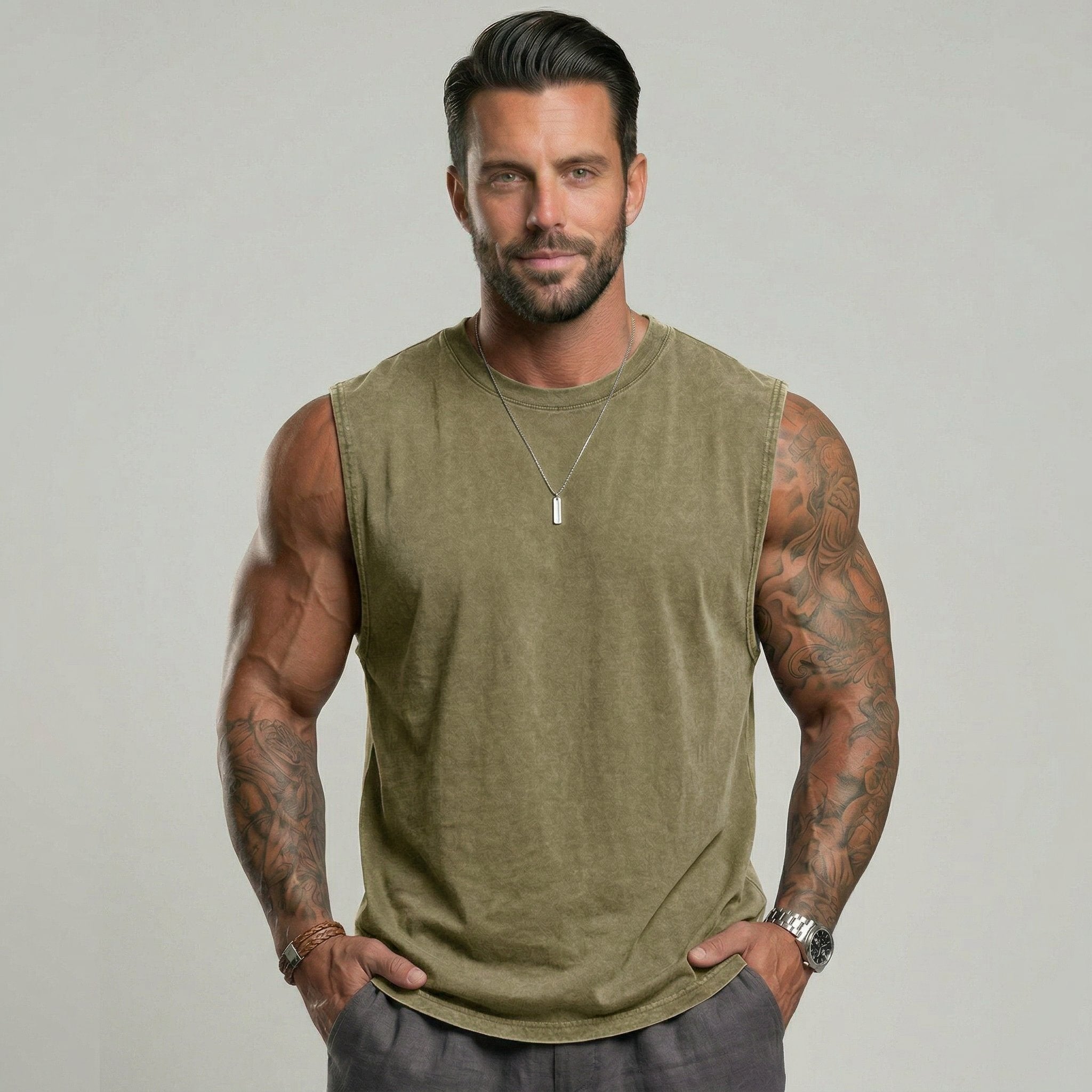 KZZ Men's Washed Sleeveless Fitted Casual Plain Vest