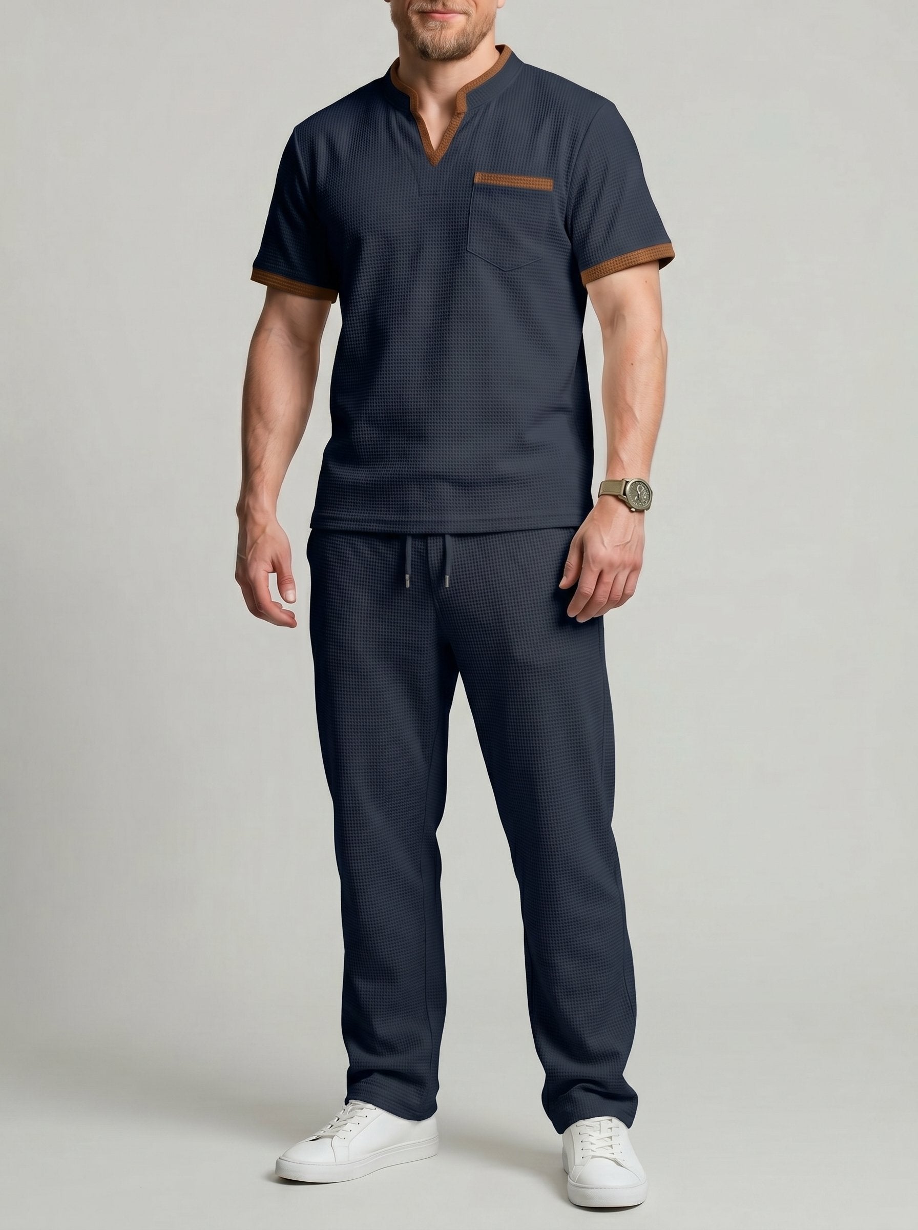KZZ Men's Casual Athletic Color-Block Waffle-Knit Set
