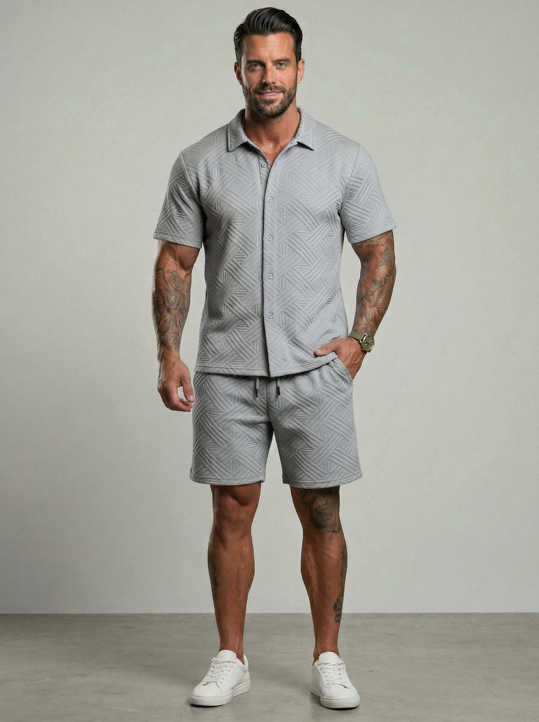 KZZ Short-sleeve button-down shirt and drawstring shorts