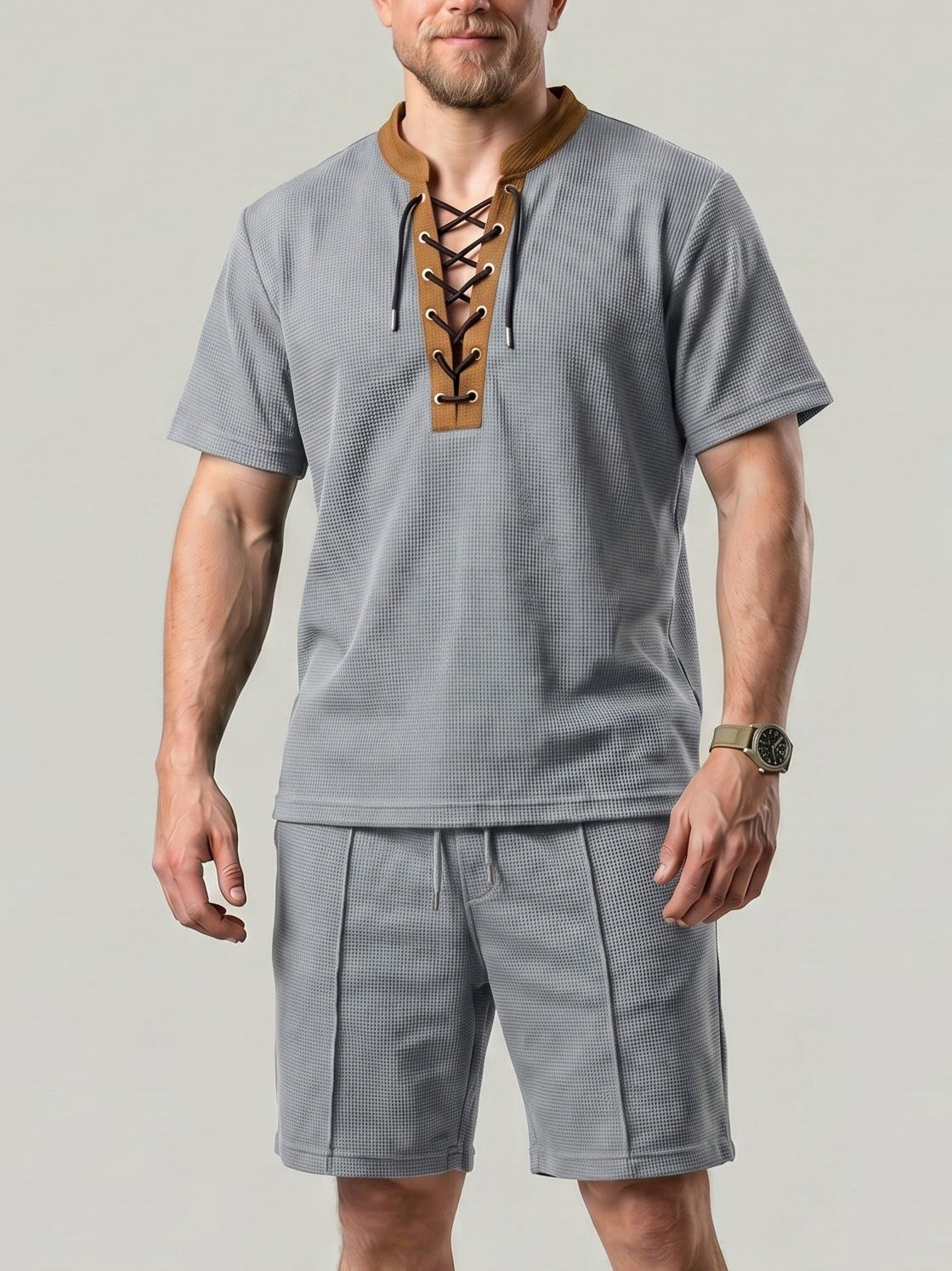 KZZ Men's Solid-Color Short-Sleeve Lace-Up Shirt and Shorts