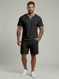 KZZ Men's Business Casual Sport Solid Color V-Neck Short Sleeve Shorts Set