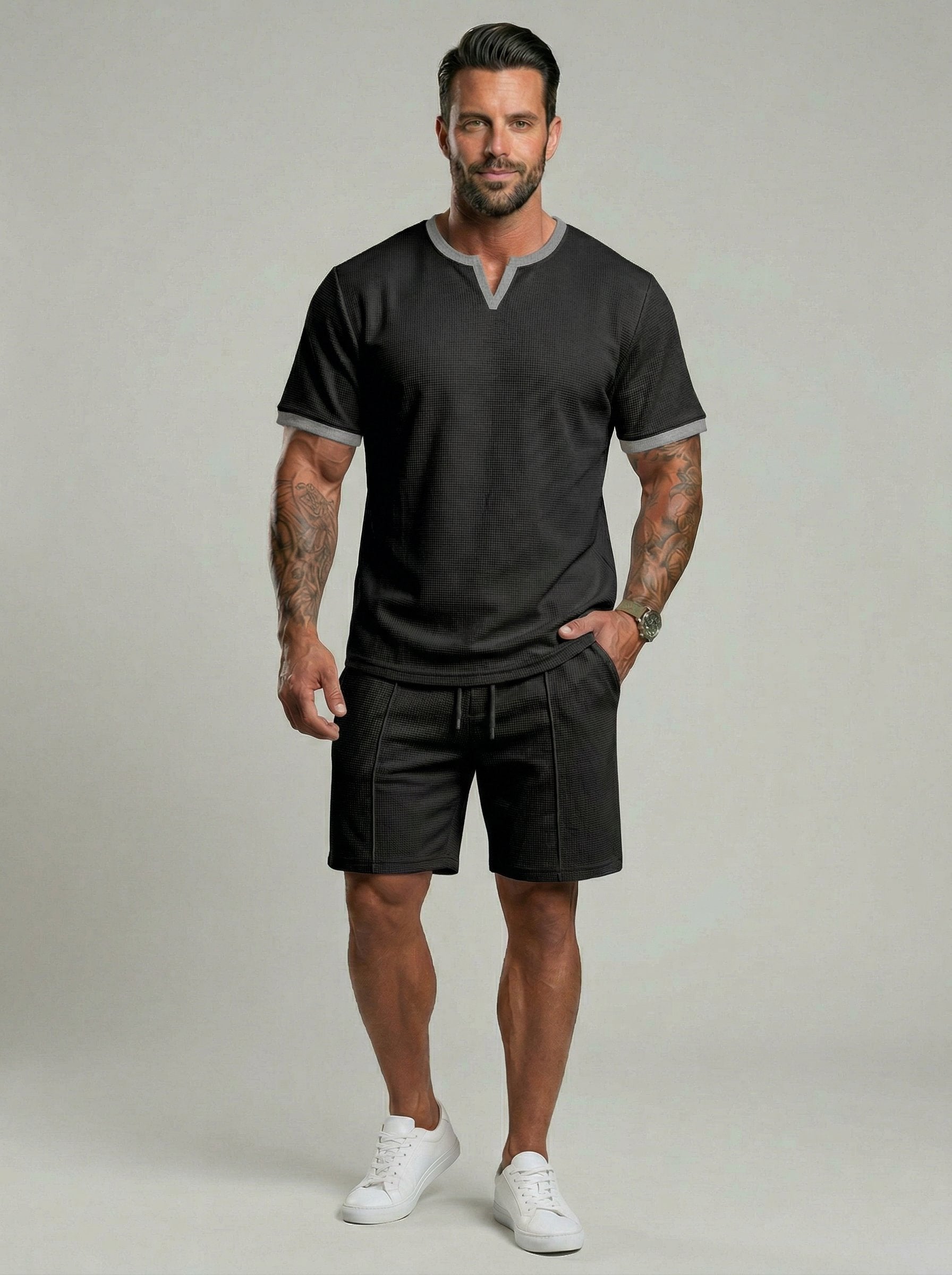 KZZ Men's Business Casual Sport Solid Color V-Neck Short Sleeve Shorts Set