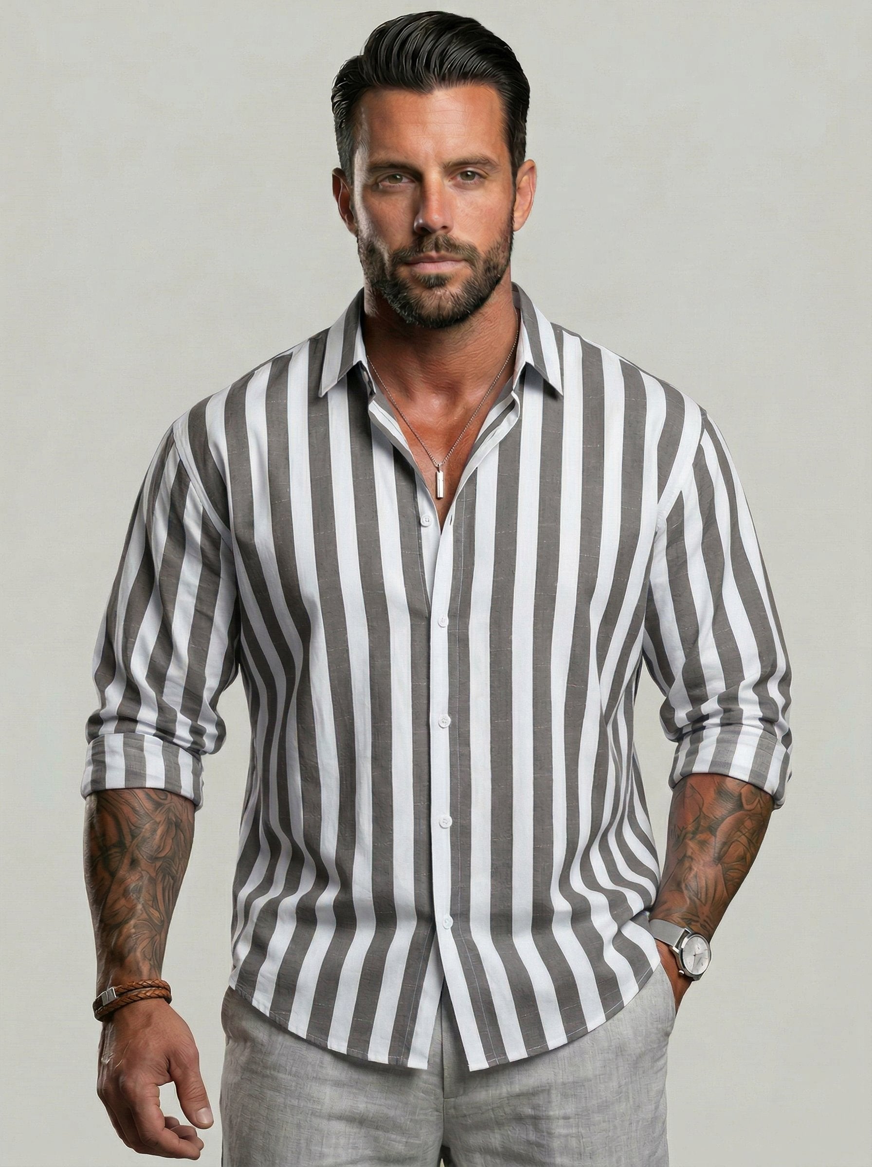 KZZ Men's Striped Print Long Sleeve Dress Shirt