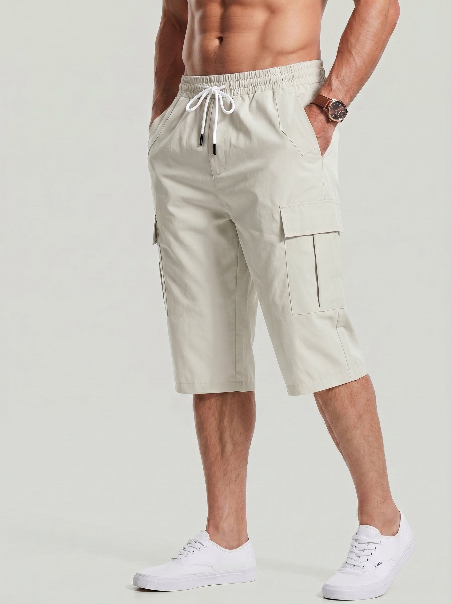 KZZ Men's Solid-Color Cargo Shorts with Flap Pockets