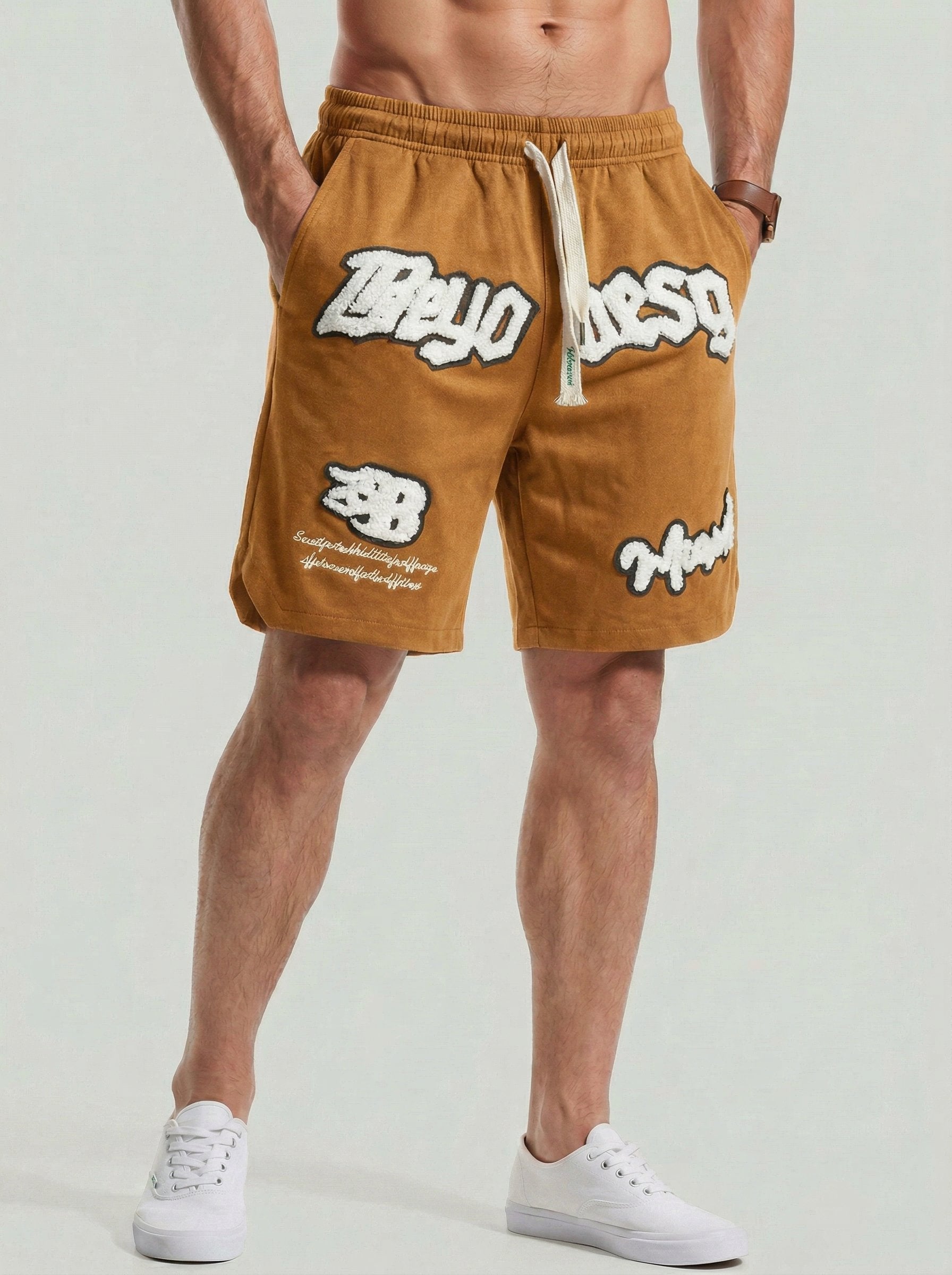 KZZ Men's Letter Embroidery Patched Drawstring Waist  Shorts