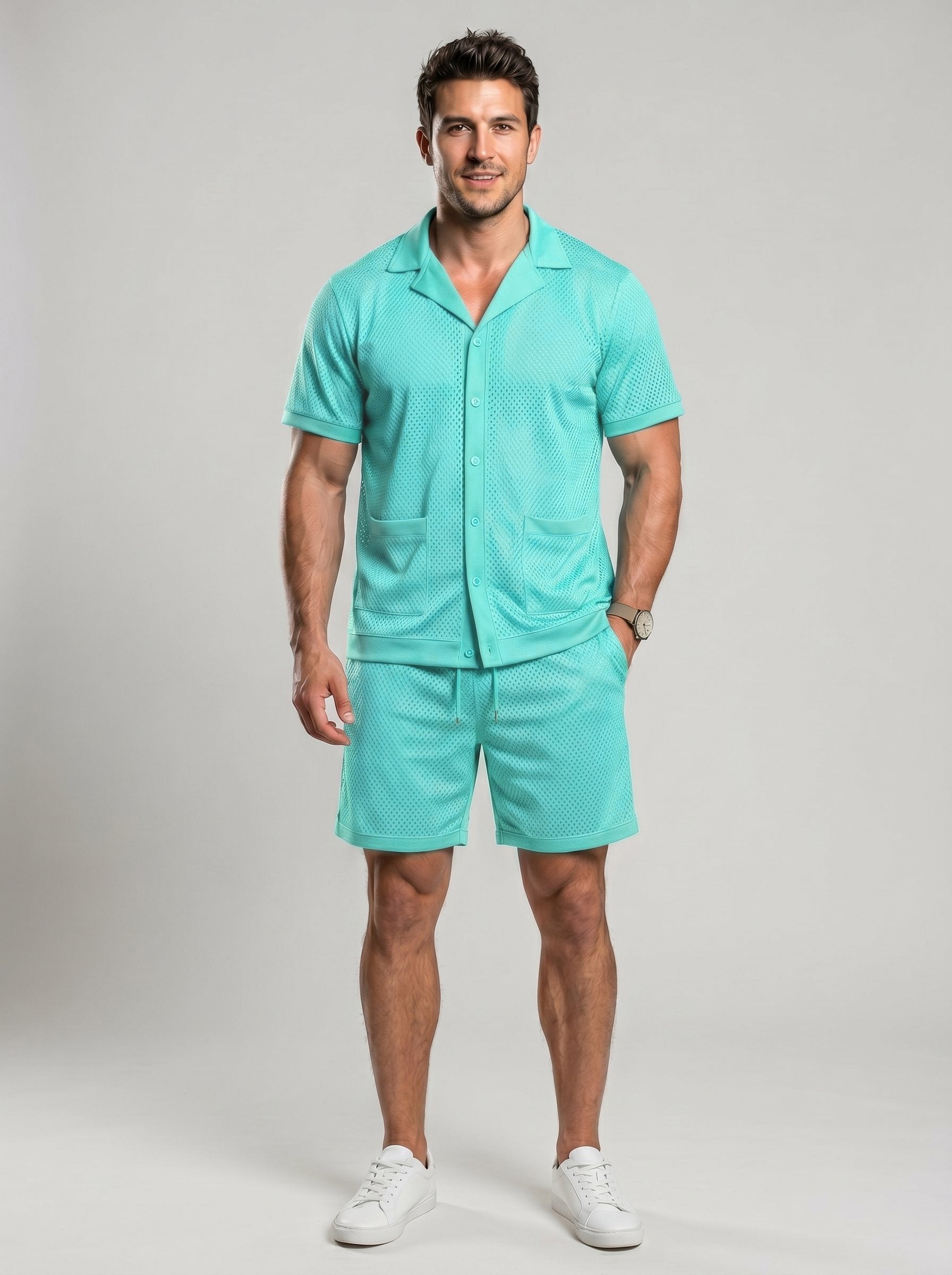 KZZ Men's Solid Color Hollow-Out Short-Sleeve Shirt and Shorts Set
