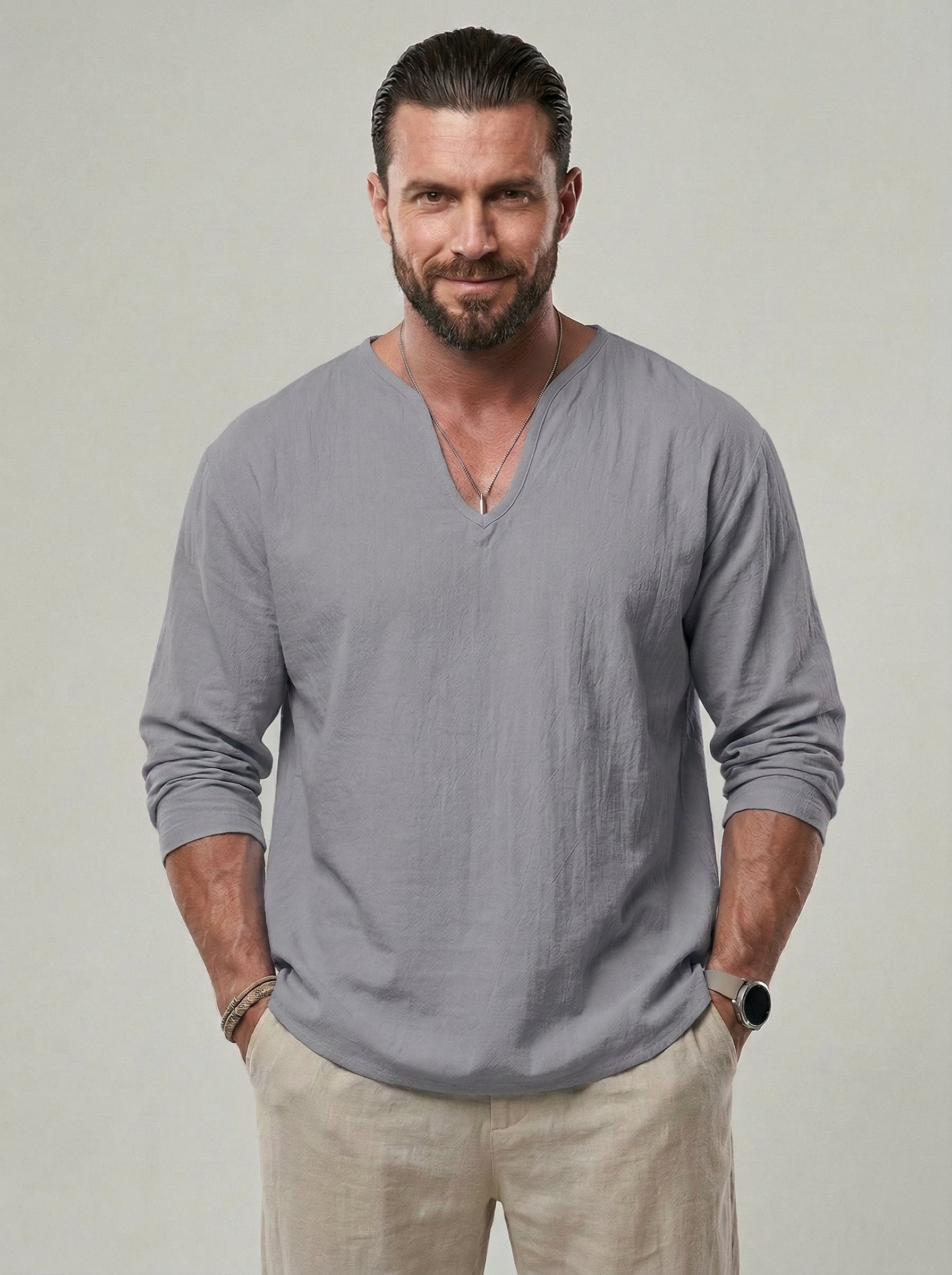 KZZ Men's V Neck Linen Shirt Casual Loose Fit Long Sleeve Top