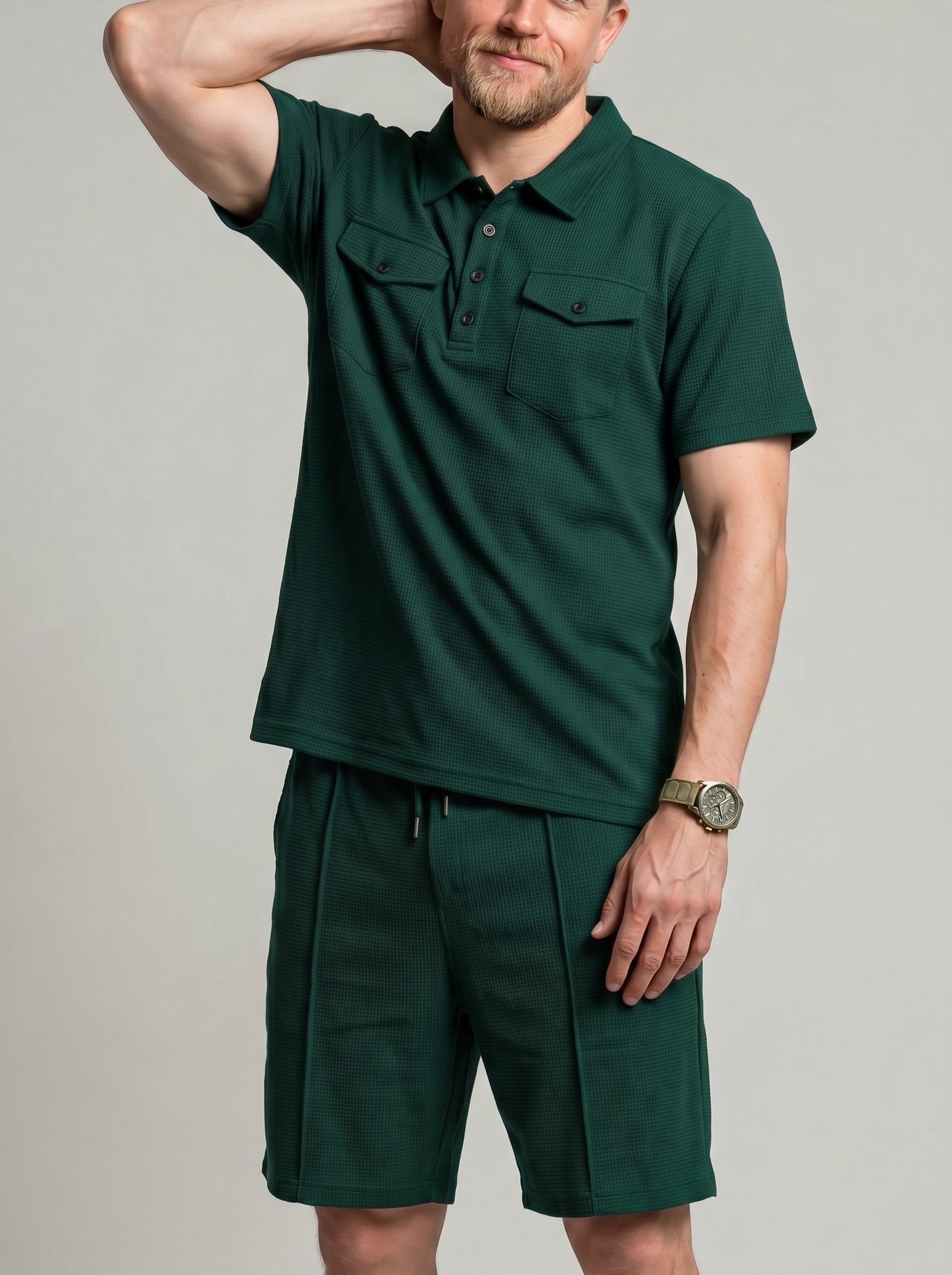 KZZ Men's Business-Casual Waffle-Knit Short-Sleeve Shirt and Shorts Set