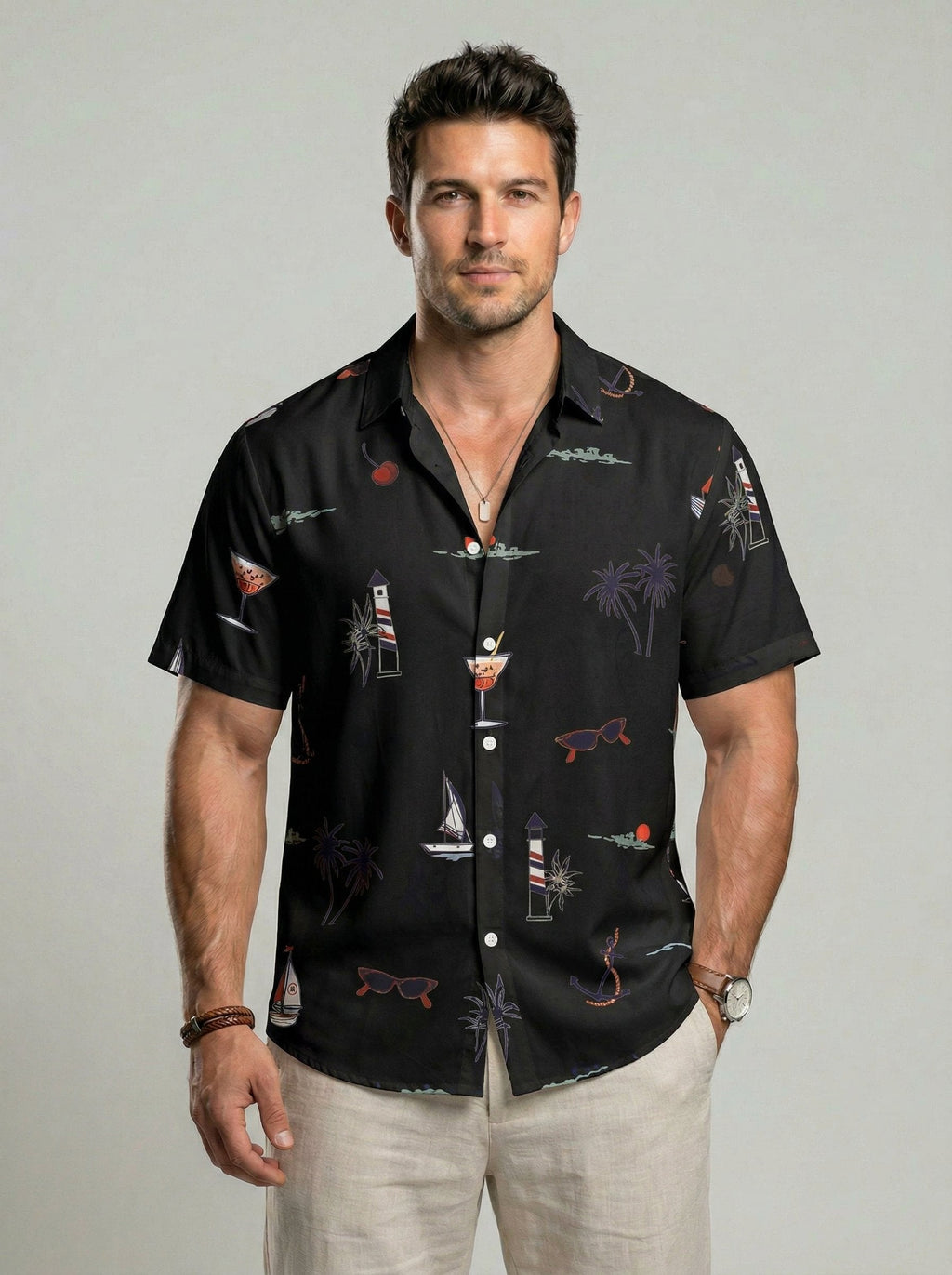 KZZ Men's Tropical Print Short Sleeve Shirt