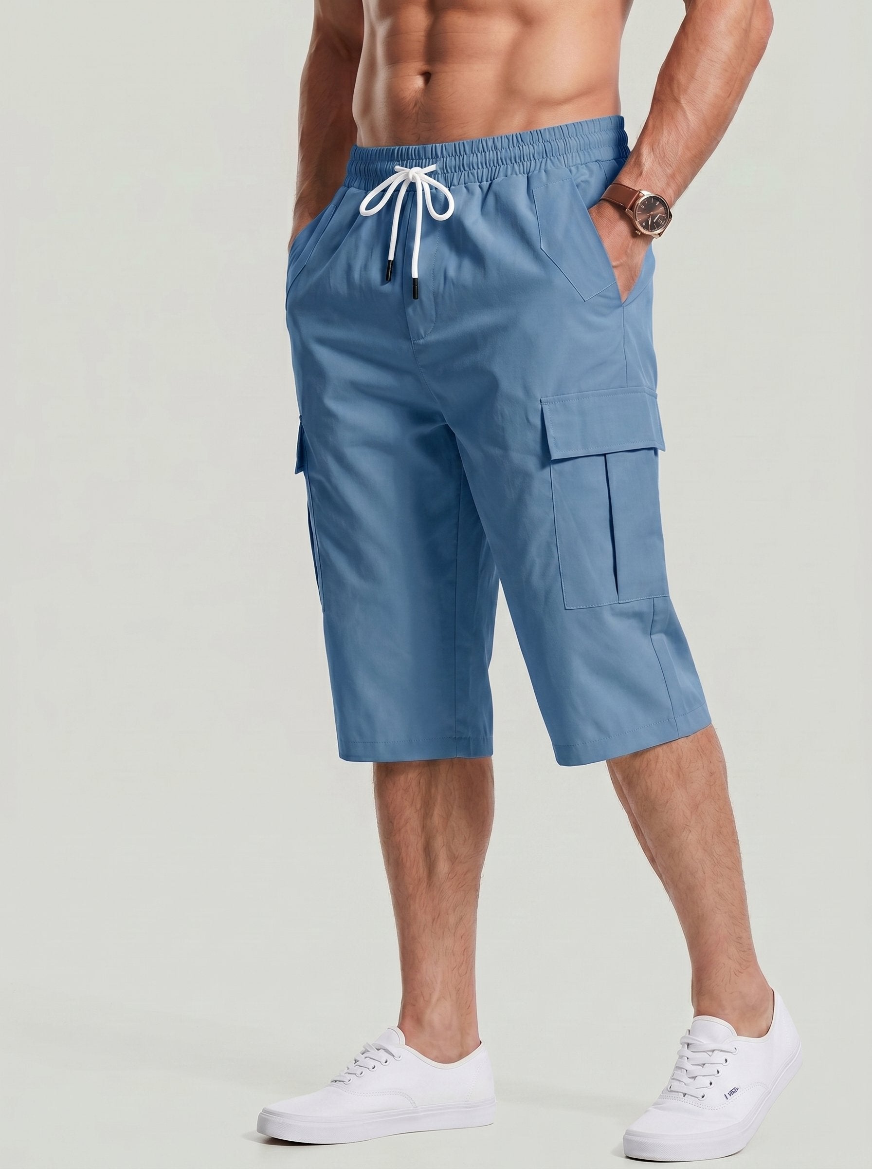 KZZ Men's Solid-Color Cargo Shorts with Flap Pockets
