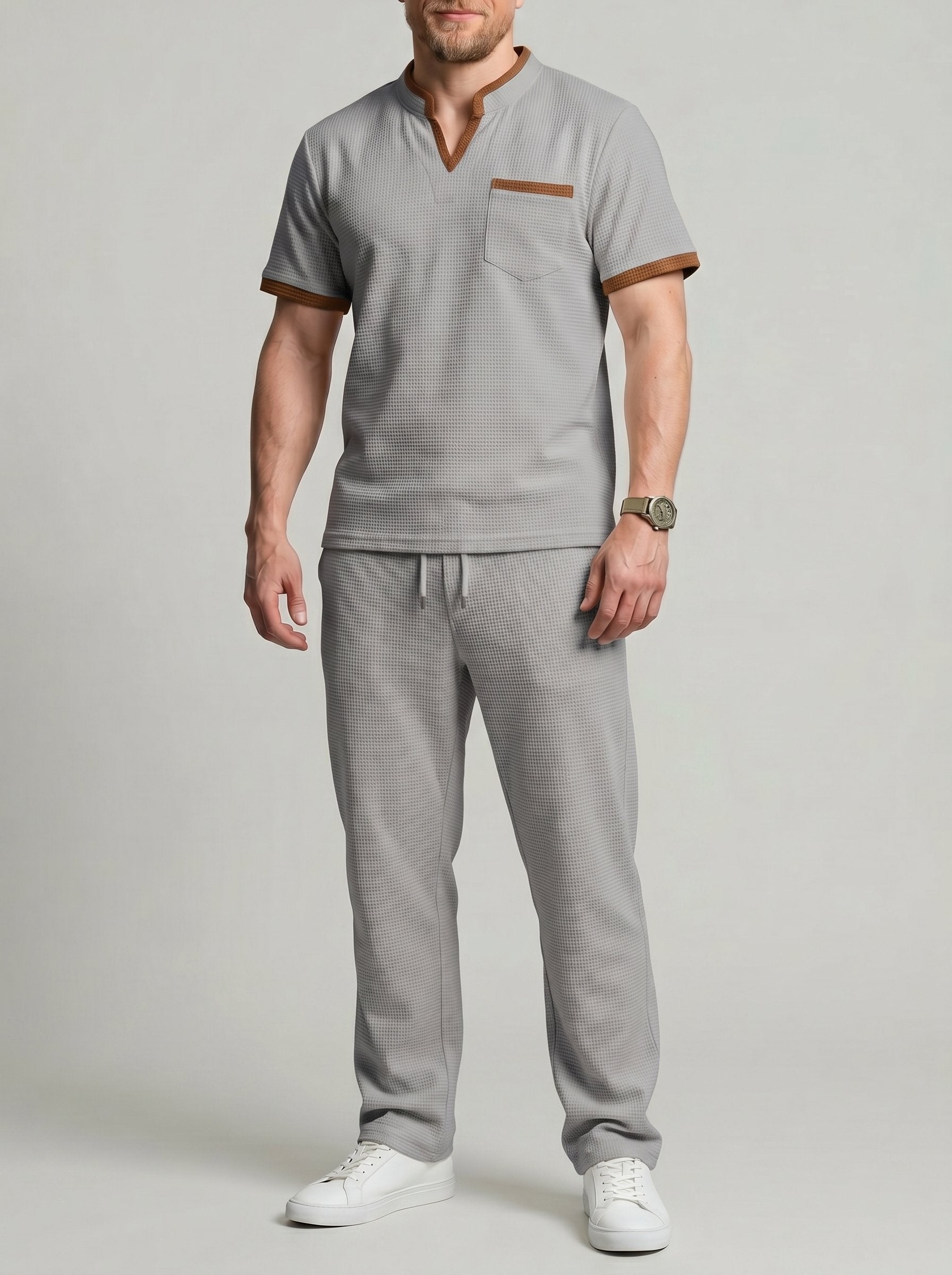 KZZ Men's Casual Athletic Color-Block Waffle-Knit Set