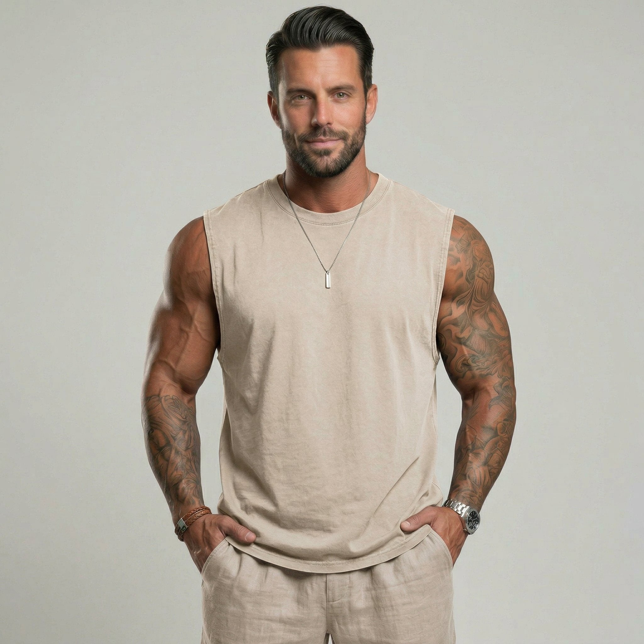 KZZ Men's Washed Sleeveless Fitted Casual Plain Vest