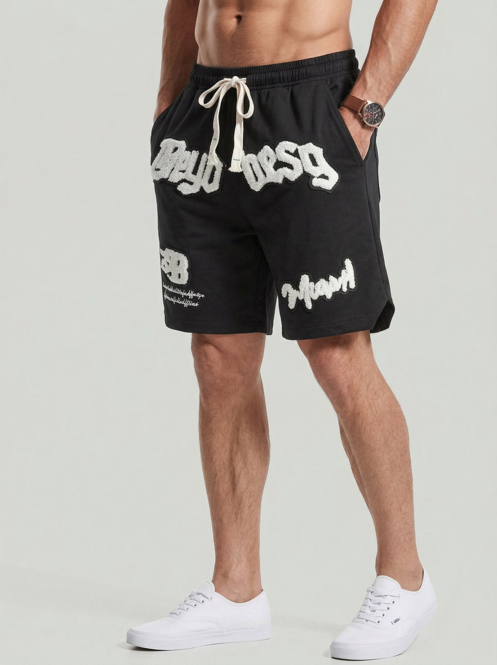 KZZ Men's Letter Embroidery Patched Drawstring Waist  Shorts