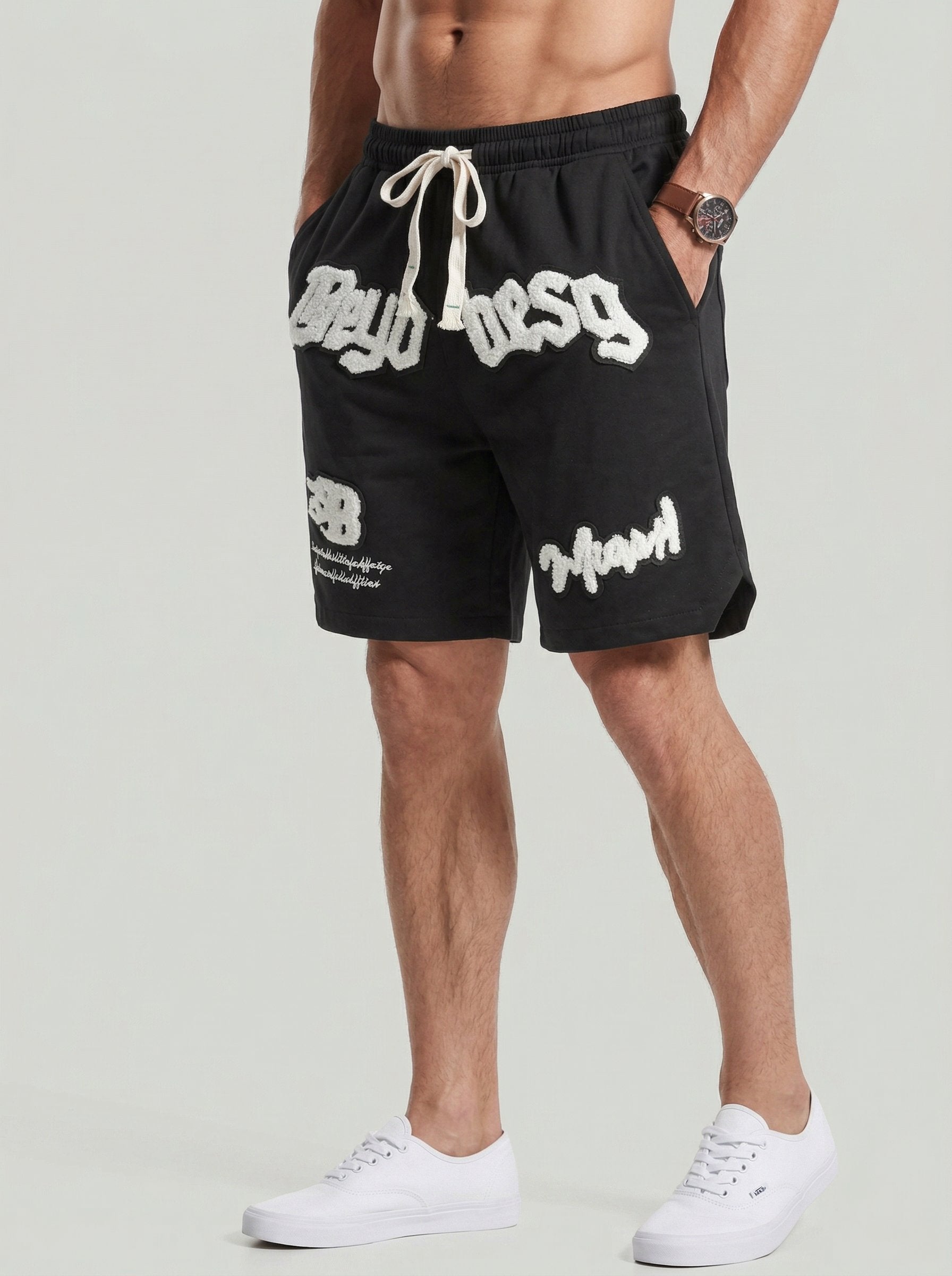 KZZ Men's Letter Embroidery Patched Drawstring Waist  Shorts