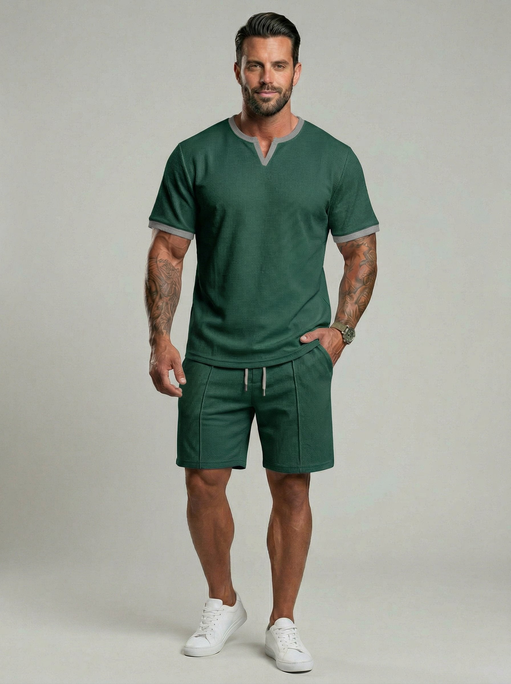 KZZ Men's Business Casual Sport Solid Color V-Neck Short Sleeve Shorts Set