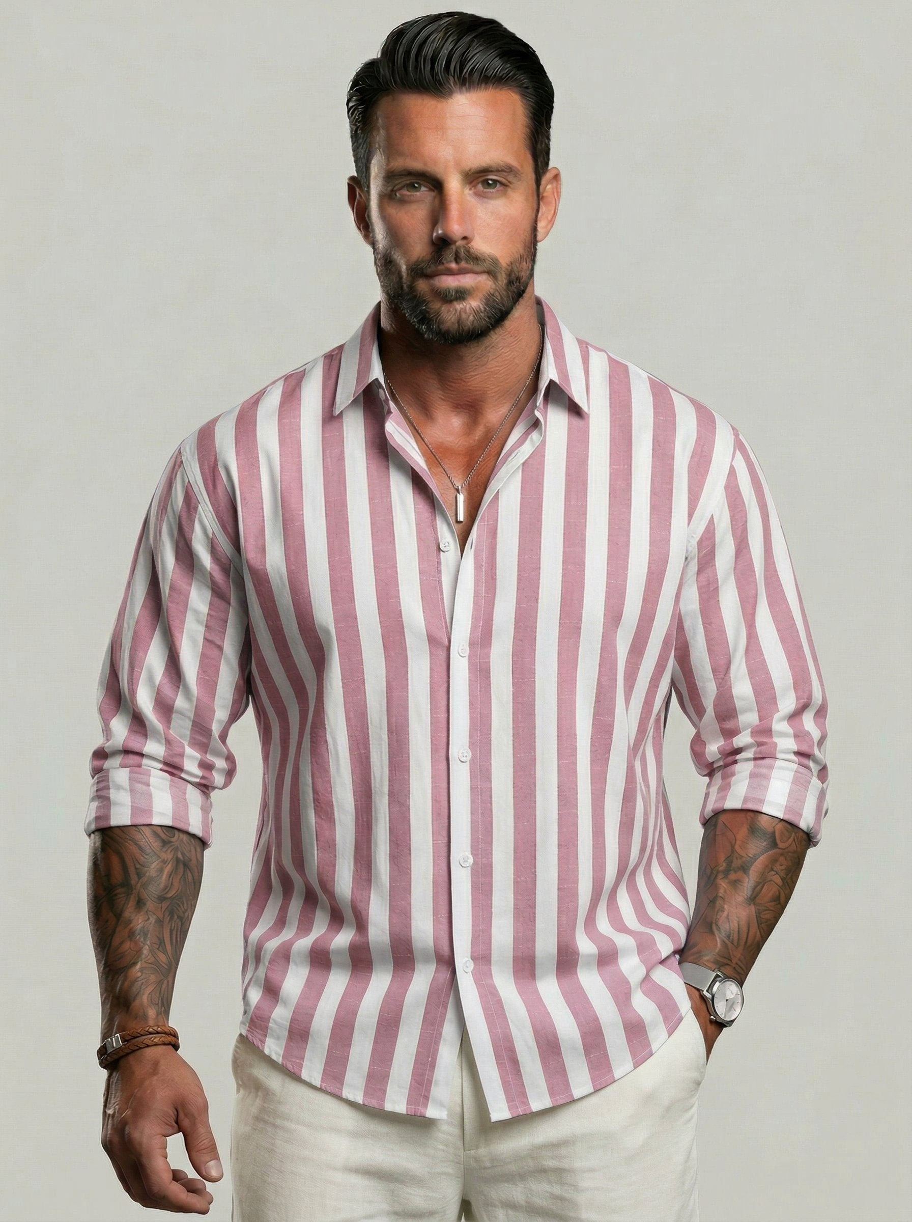 KZZ Men's Striped Print Long Sleeve Dress Shirt
