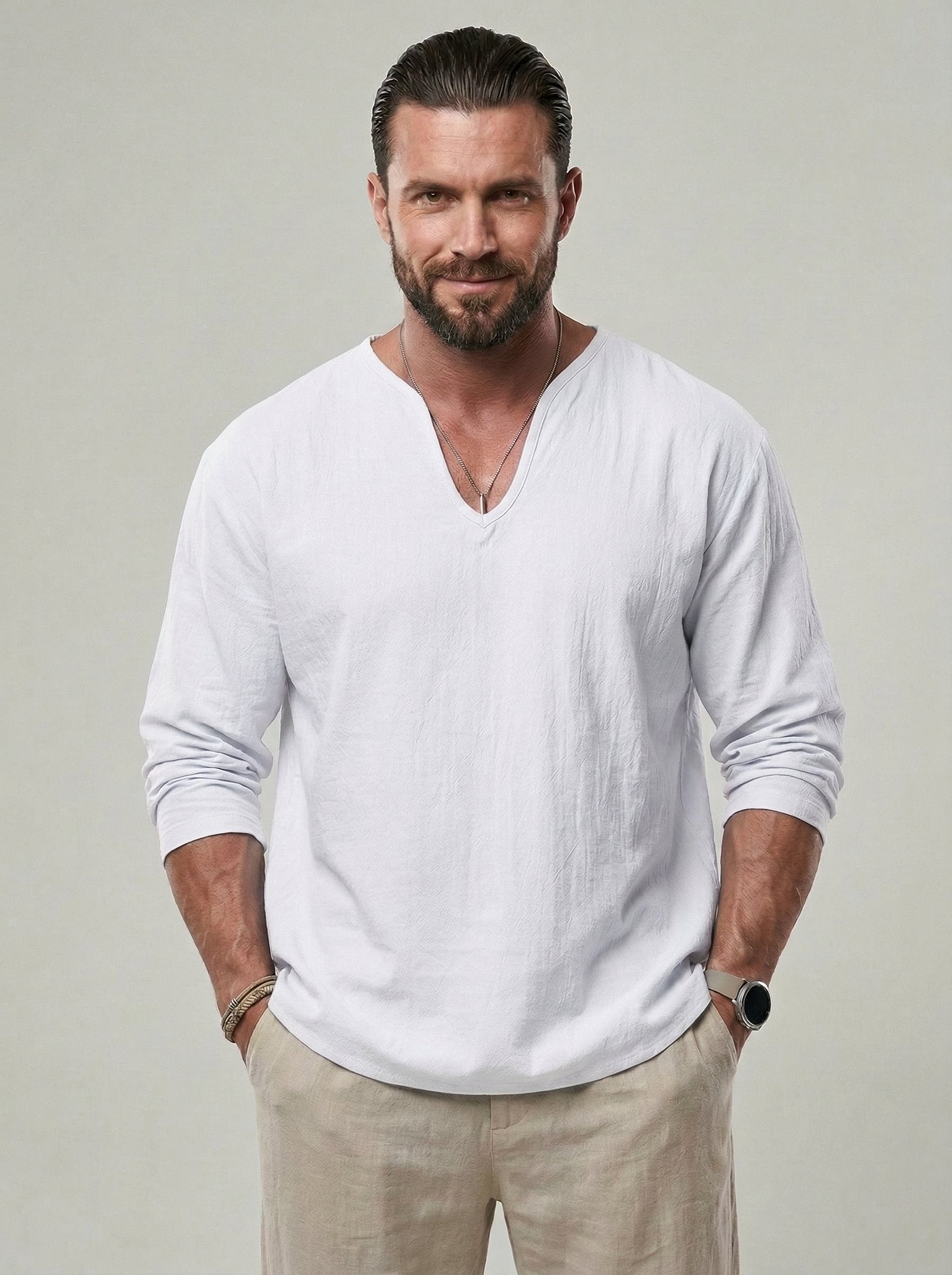 KZZ Men's V Neck Linen Shirt Casual Loose Fit Long Sleeve Top