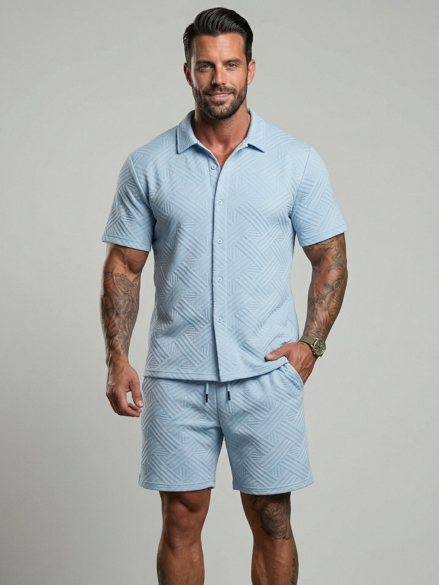 KZZ Short-sleeve button-down shirt and drawstring shorts