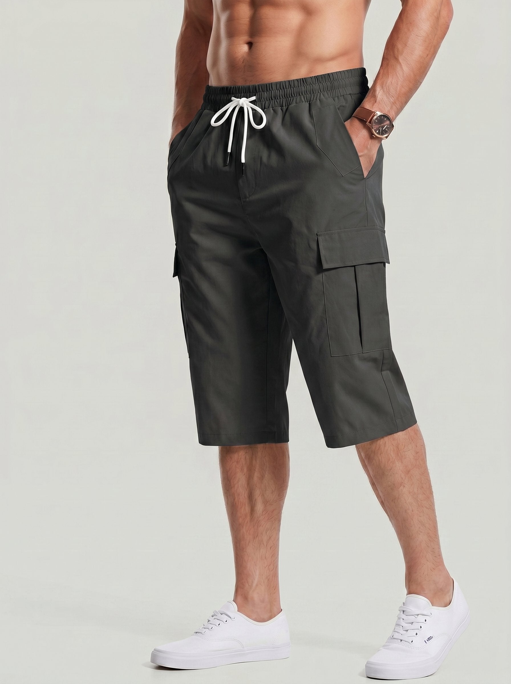 KZZ Men's Solid-Color Cargo Shorts with Flap Pockets