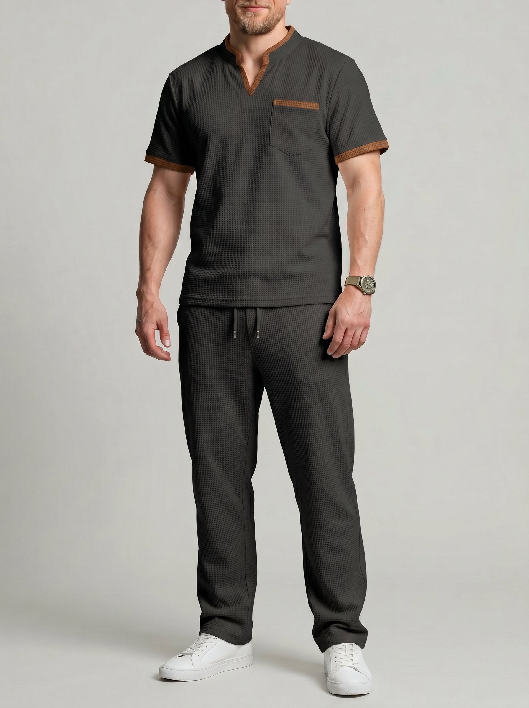 KZZ Men's Casual Athletic Color-Block Waffle-Knit Set