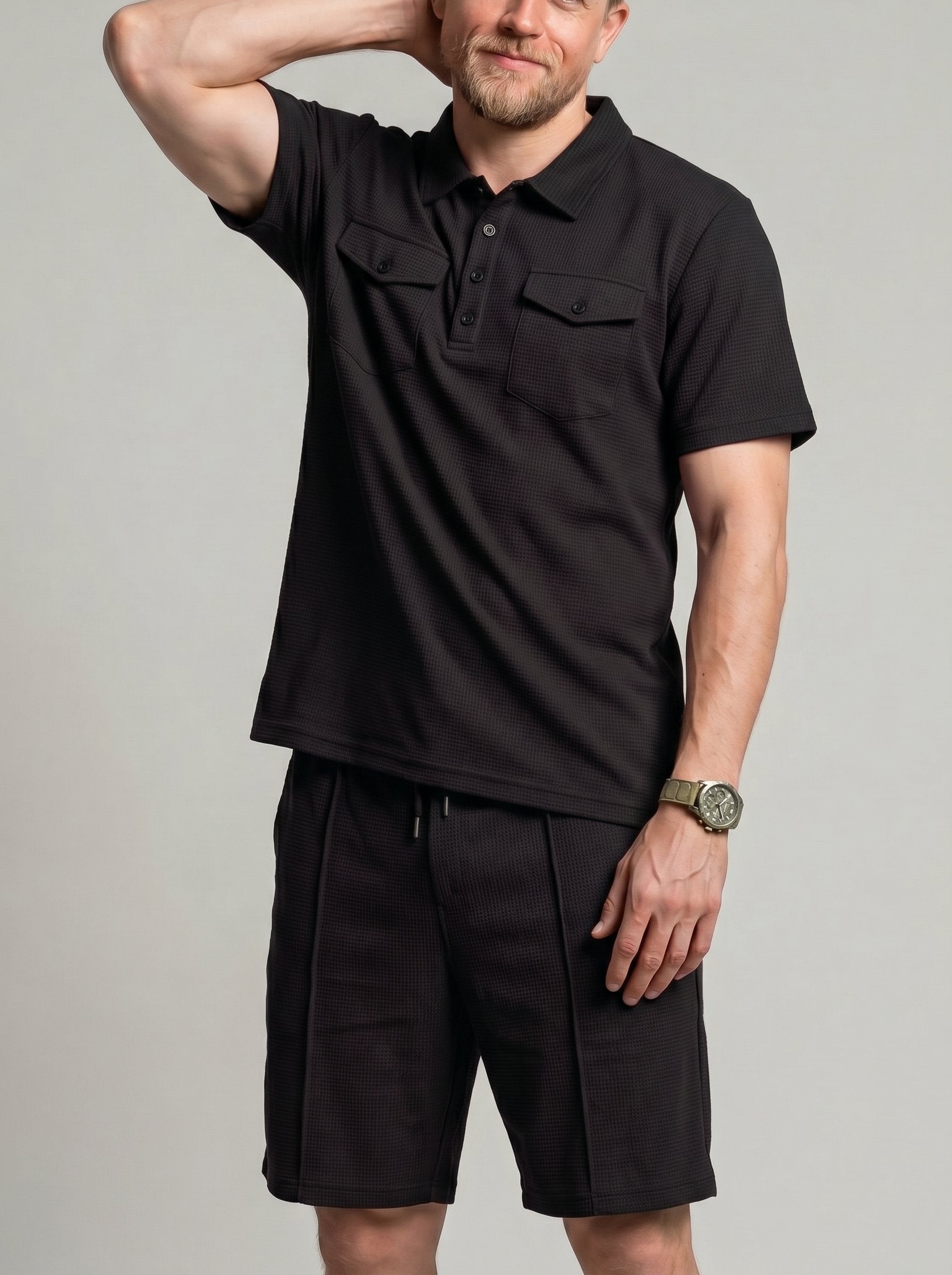 KZZ Men's Business-Casual Waffle-Knit Short-Sleeve Shirt and Shorts Set