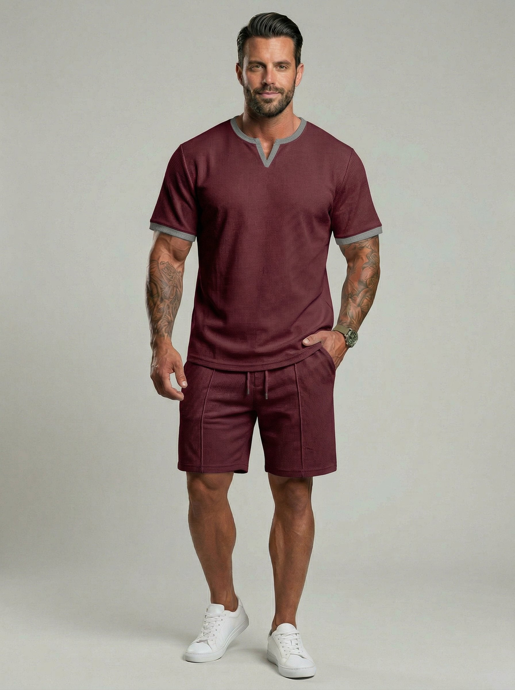 KZZ Men's Business Casual Sport Solid Color V-Neck Short Sleeve Shorts Set
