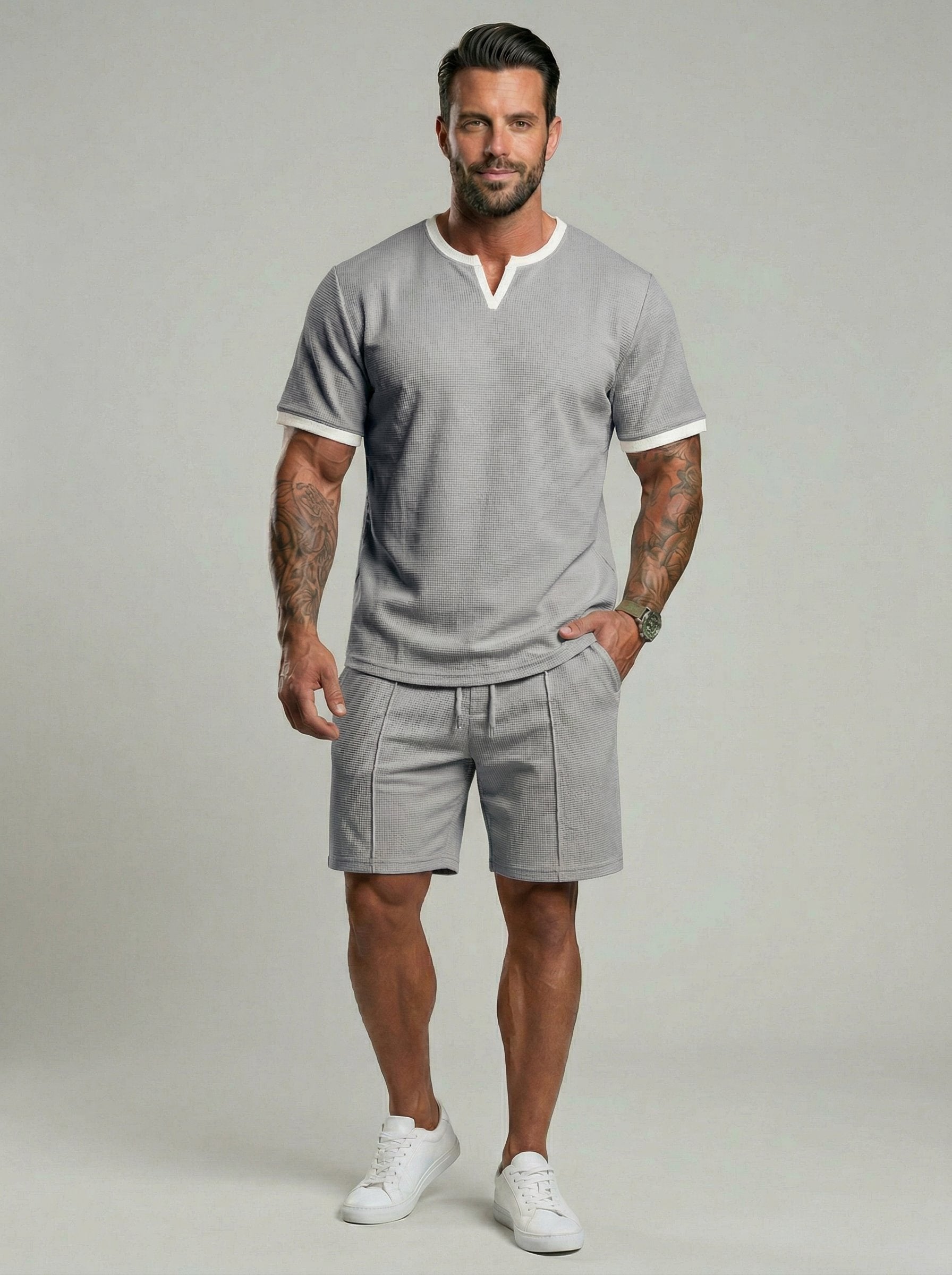 KZZ Men's Business Casual Sport Solid Color V-Neck Short Sleeve Shorts Set