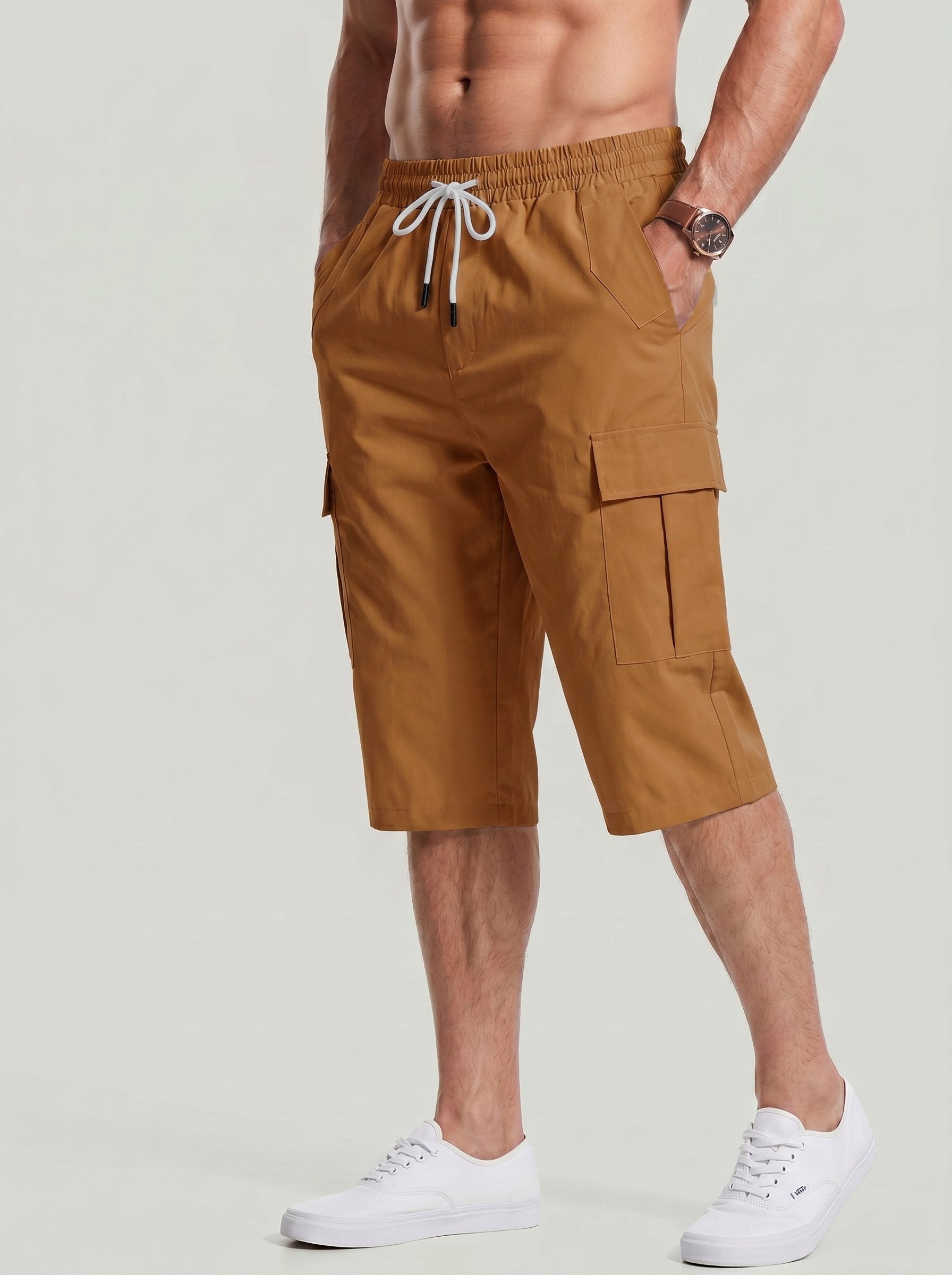 KZZ Men's Solid-Color Cargo Shorts with Flap Pockets
