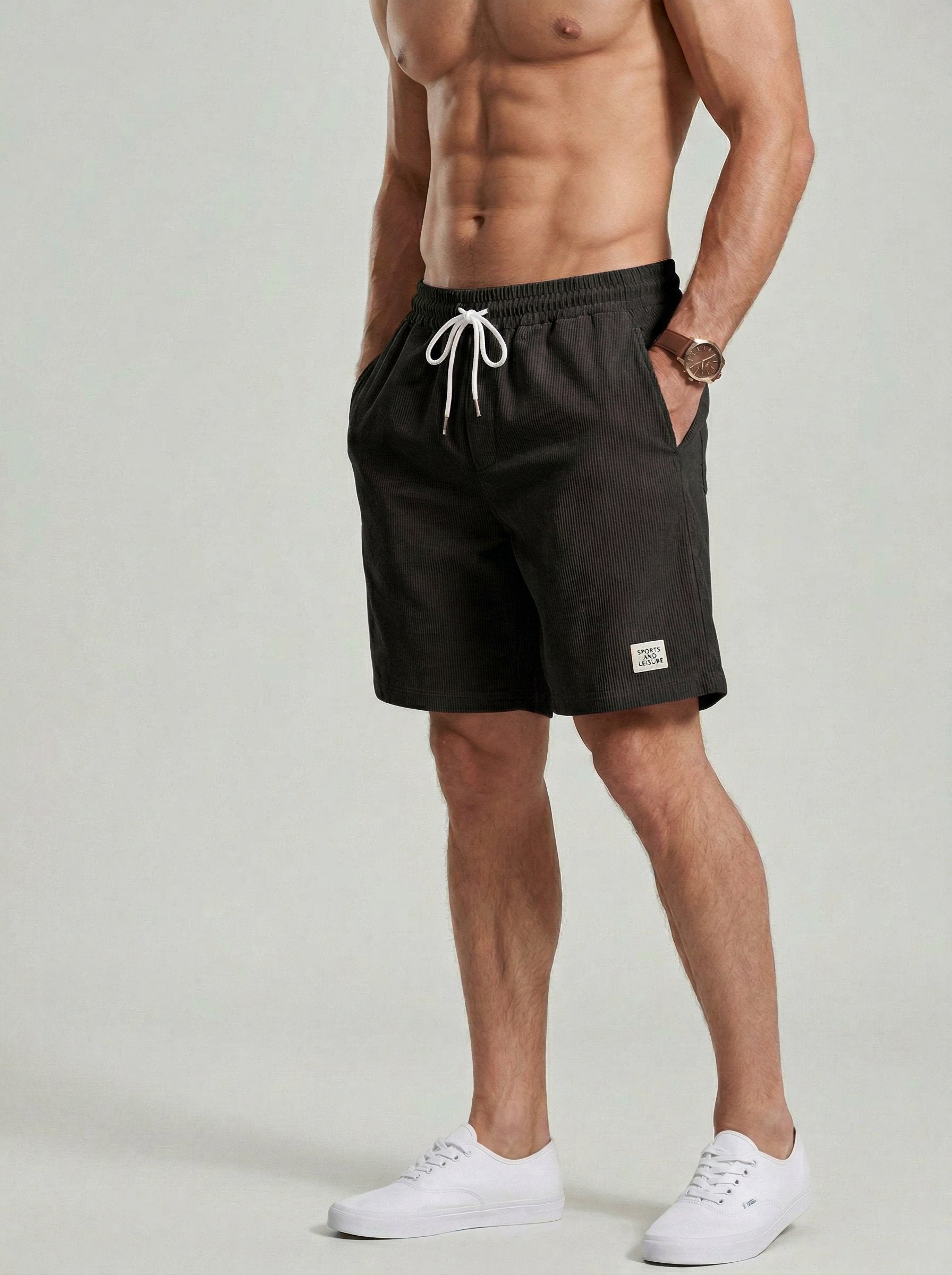 KZZ Men's Solid Patched Drawstring Waist Shorts