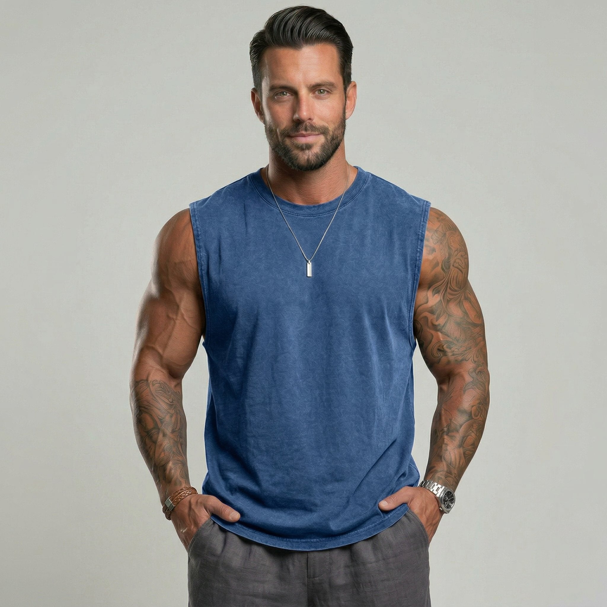 KZZ Men's Washed Sleeveless Fitted Casual Plain Vest