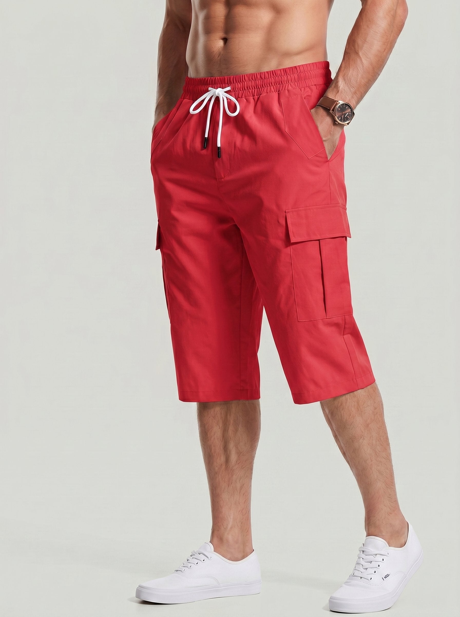 KZZ Men's Solid-Color Cargo Shorts with Flap Pockets