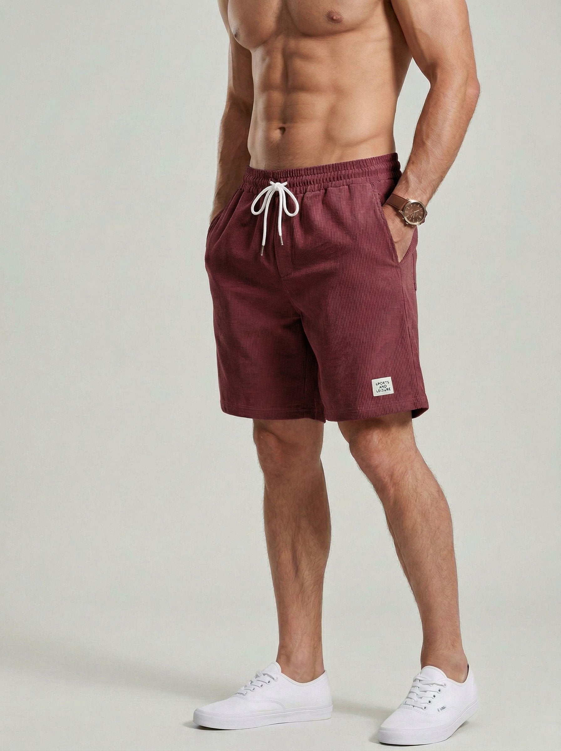 KZZ Men's Solid Patched Drawstring Waist Shorts