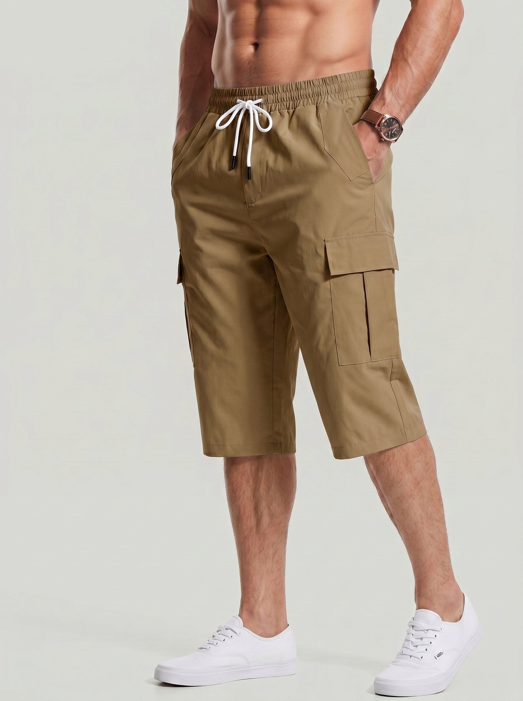 KZZ Men's Solid-Color Cargo Shorts with Flap Pockets