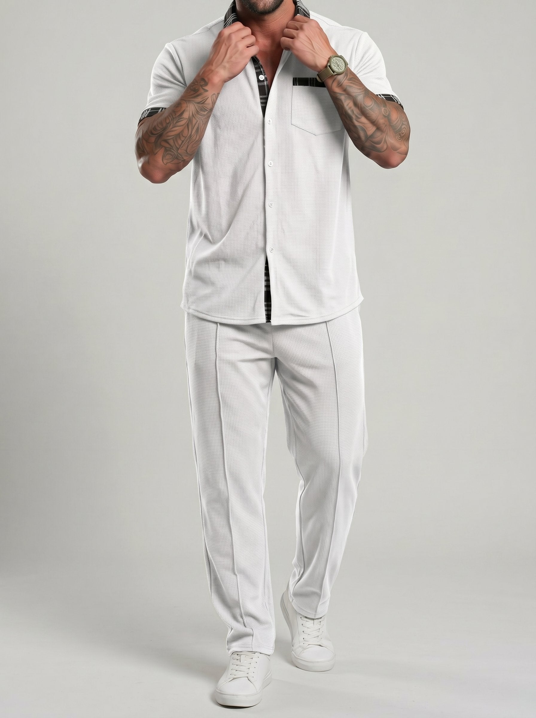 KZZ Color-block Waffle-knit Short-sleeve Top & Pants Set