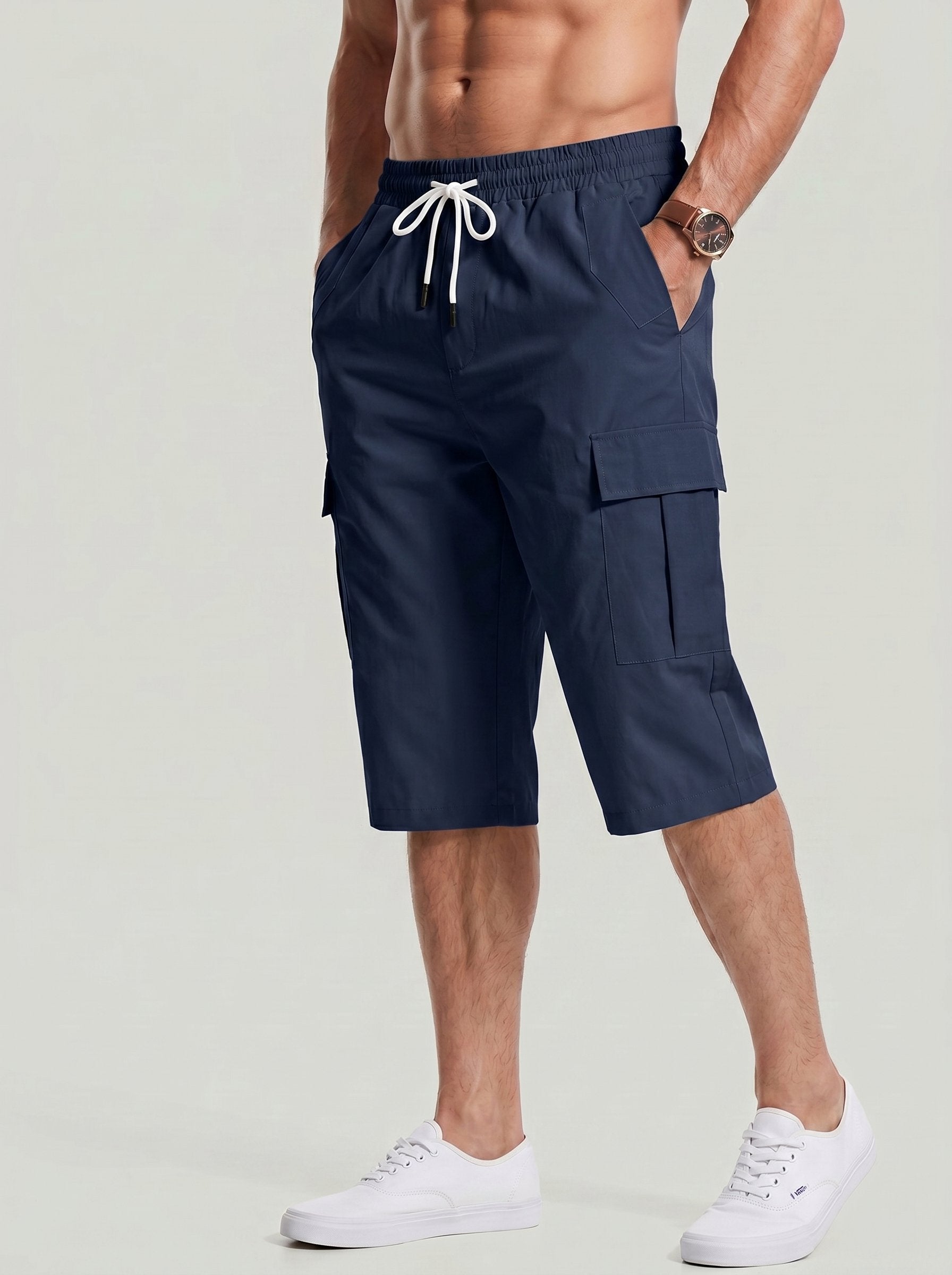 KZZ Men's Solid-Color Cargo Shorts with Flap Pockets