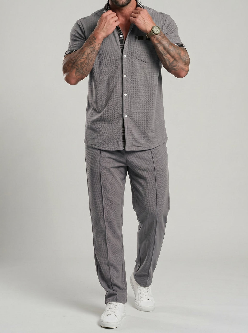 KZZ Color-block Waffle-knit Short-sleeve Top & Pants Set