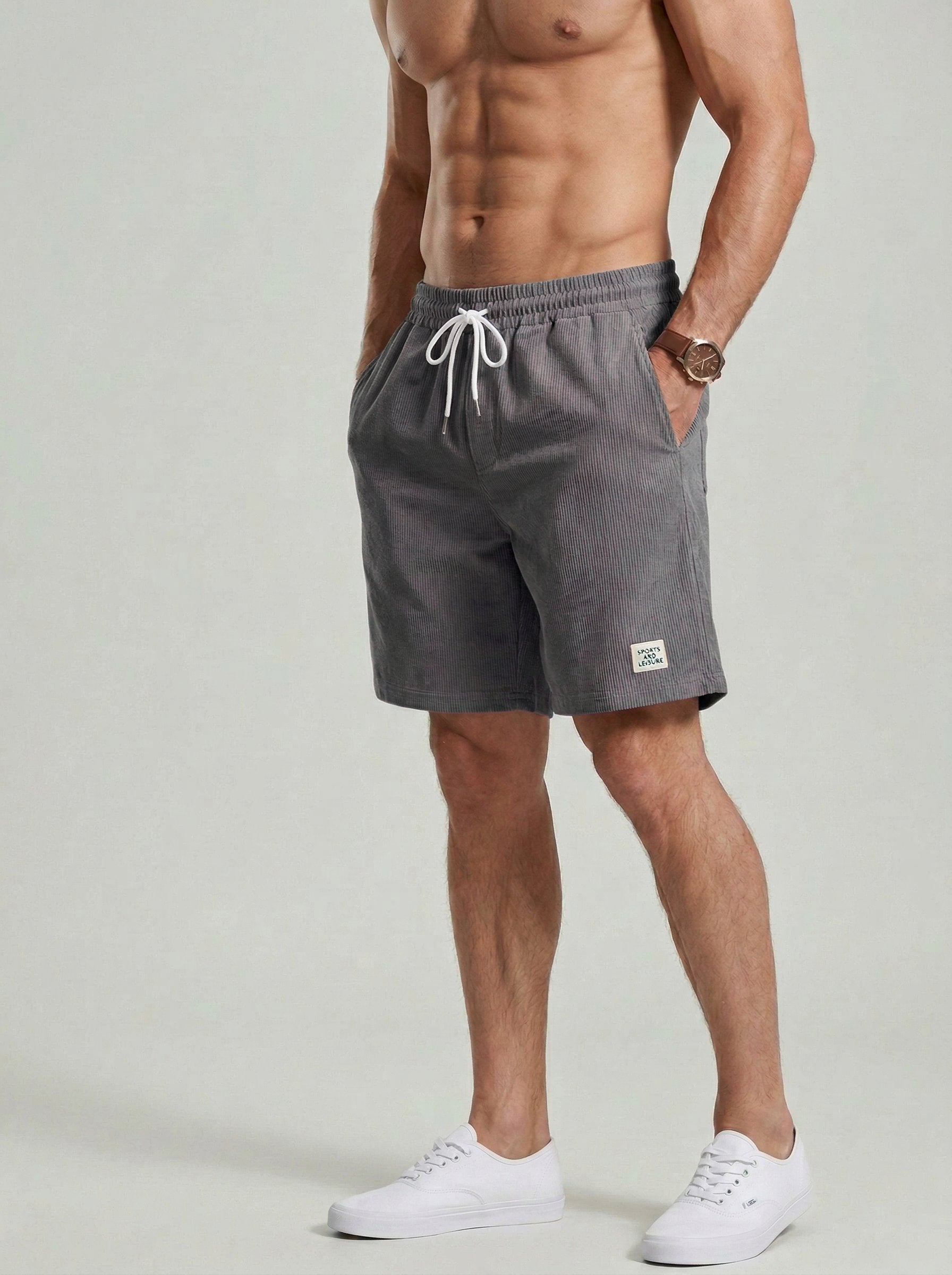 KZZ Men's Solid Patched Drawstring Waist Shorts