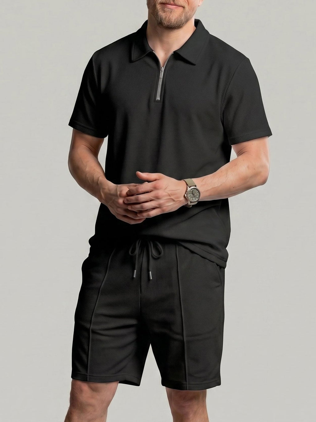 KZZ Solid-Color Short-Sleeve T-Shirt and Drawstring-Waist Shorts