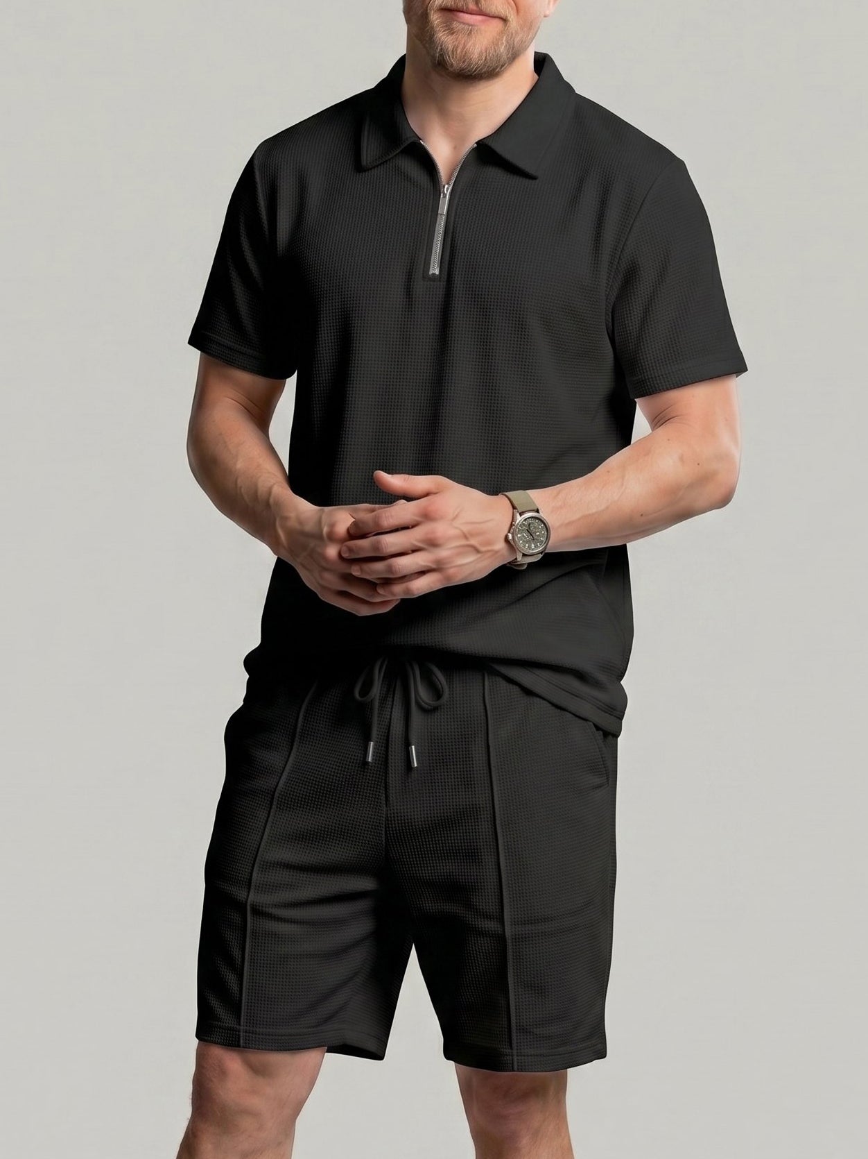 KZZ Solid-Color Short-Sleeve T-Shirt and Drawstring-Waist Shorts
