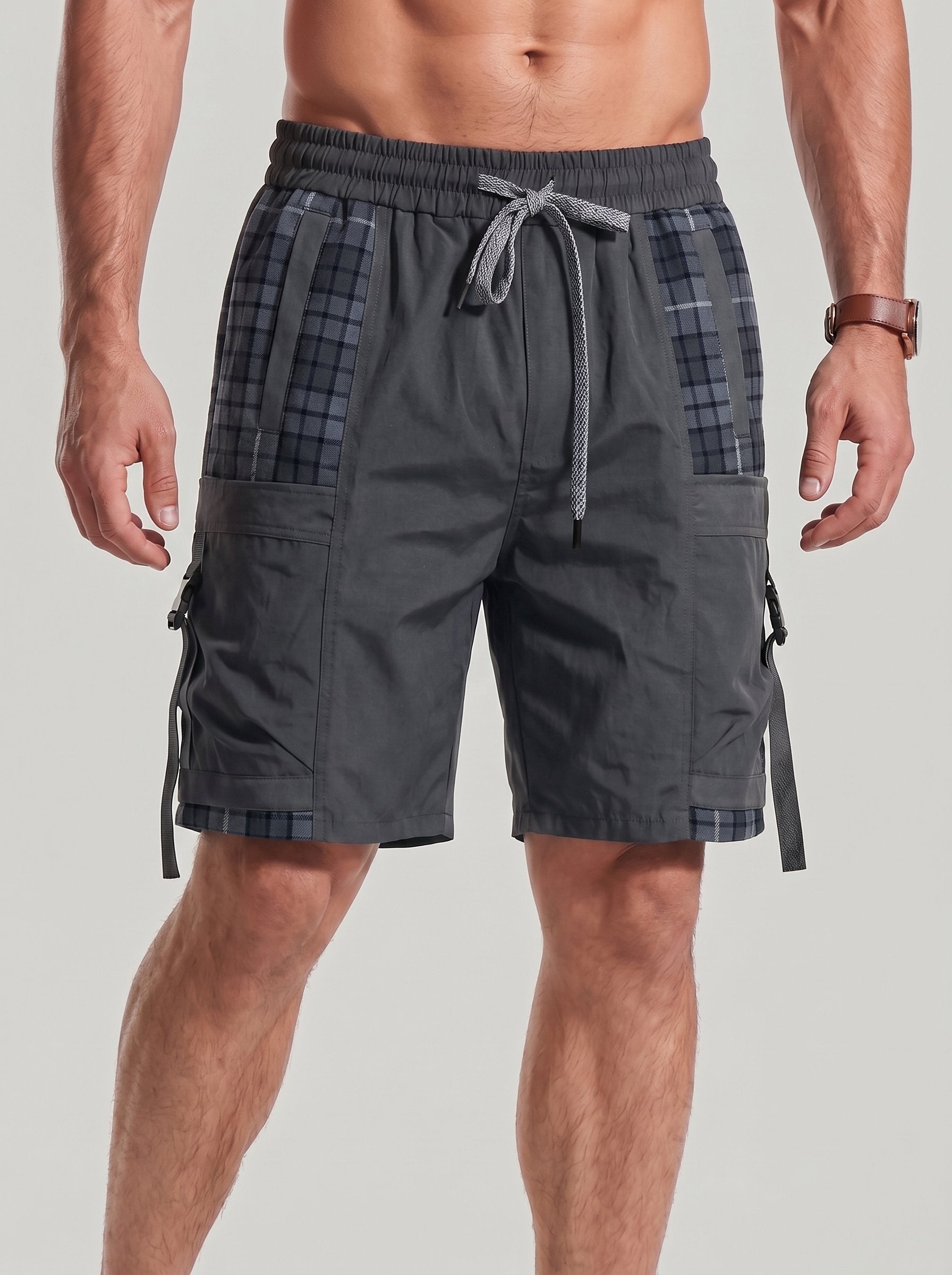 KZZ Men's Summer Plaid-Paneled Casual Shorts