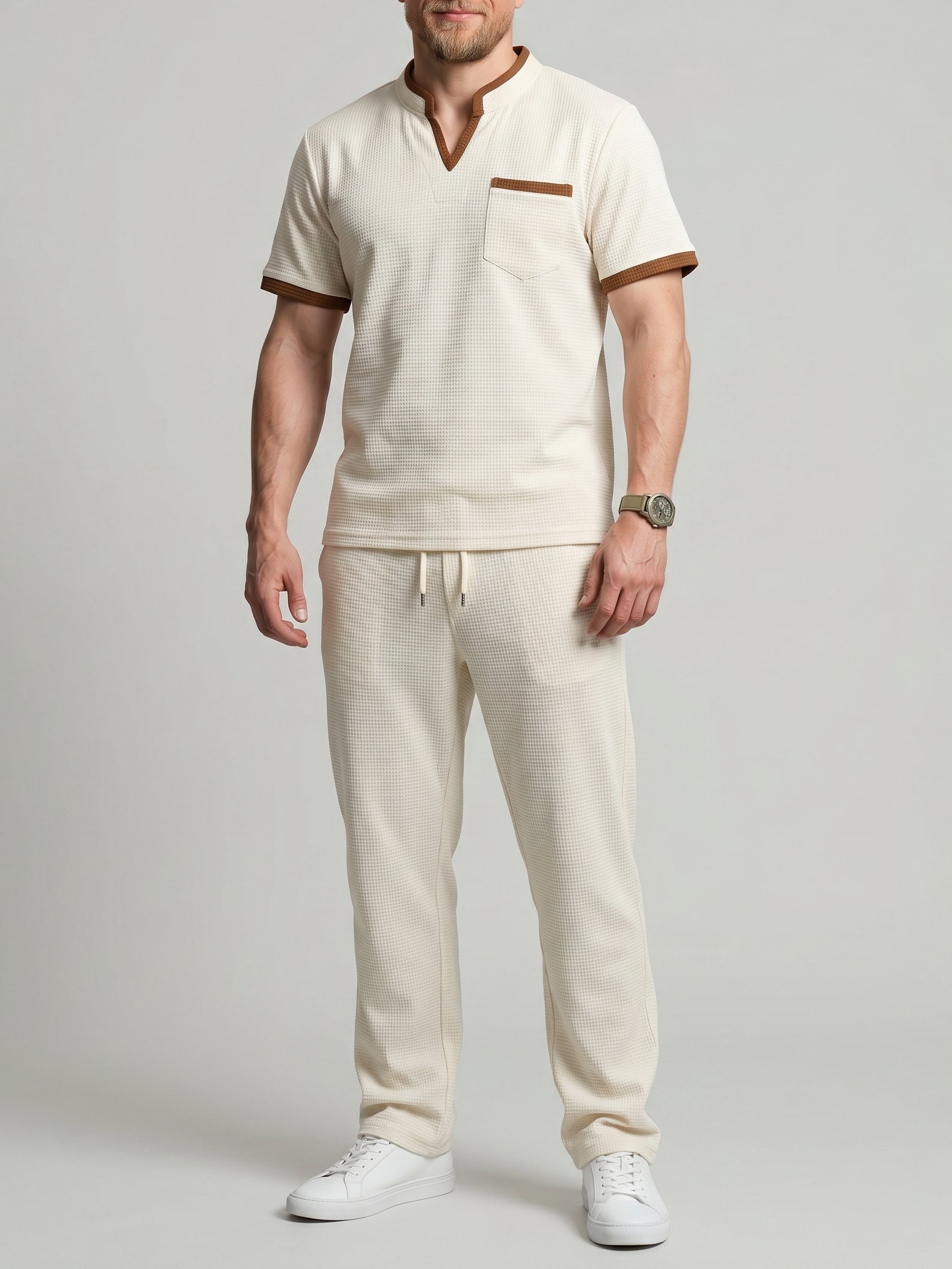KZZ Men's Casual Athletic Color-Block Waffle-Knit Set