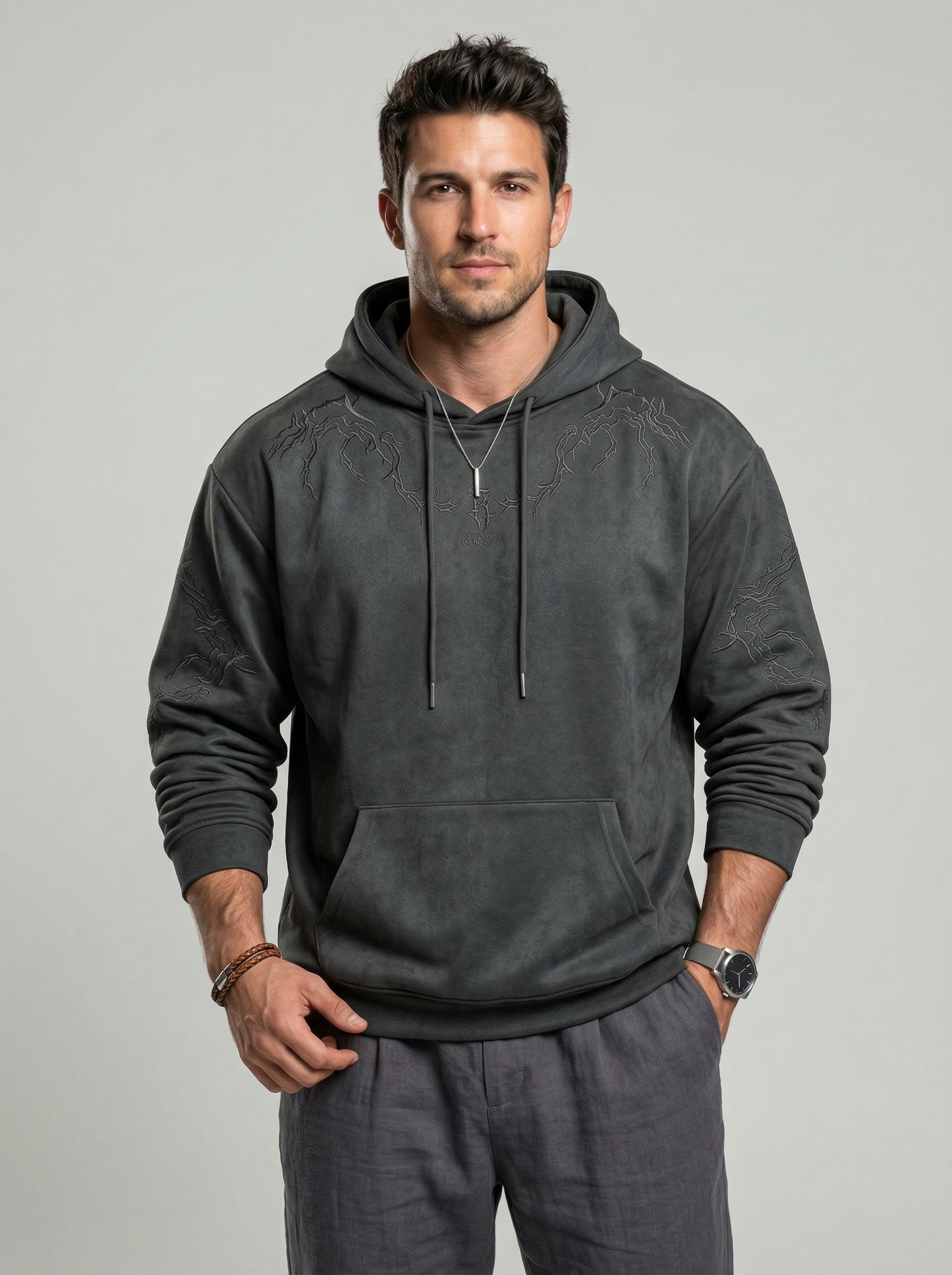 KZZ Men's Casual Loose-Fit Embroidered Thorns Hooded