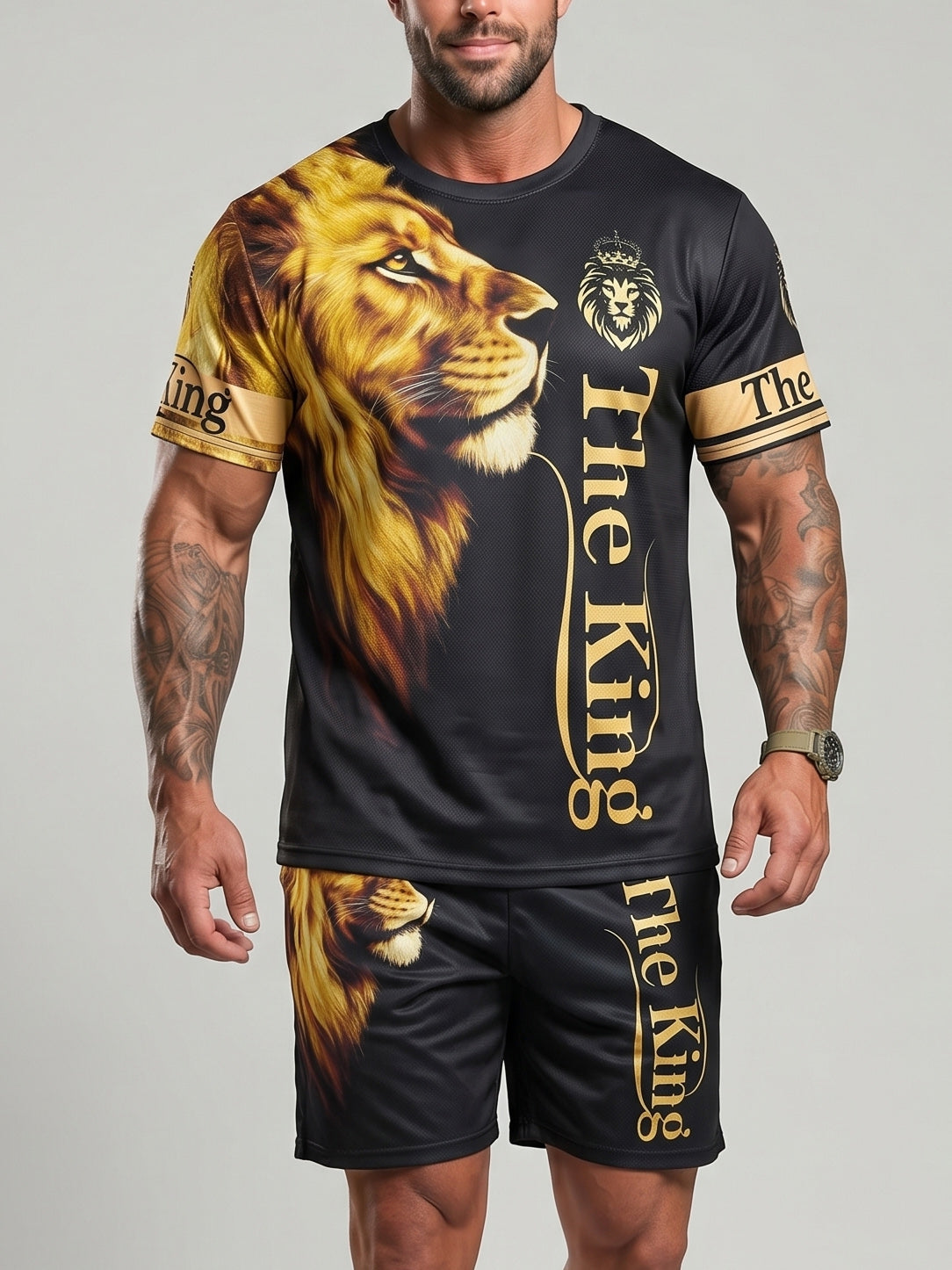 KZZ Men's Lion-Pattern T-Shirt and Shorts Set