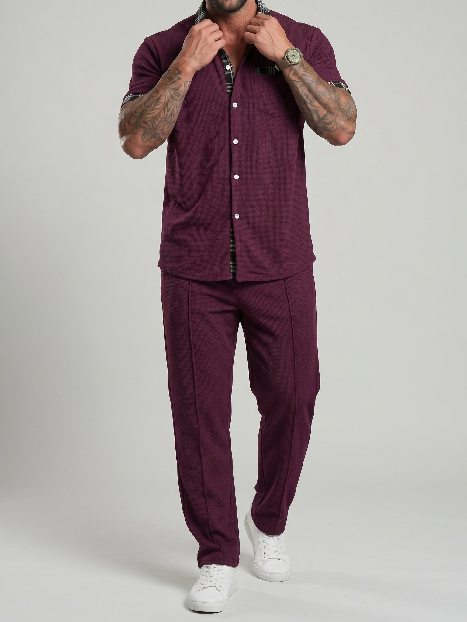 KZZ Color-block Waffle-knit Short-sleeve Top & Pants Set