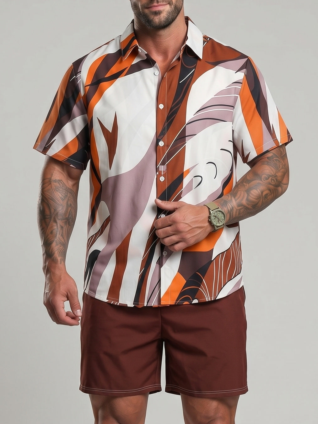 KZZ Men's Casual Short-Sleeve Shirt and Shorts Set