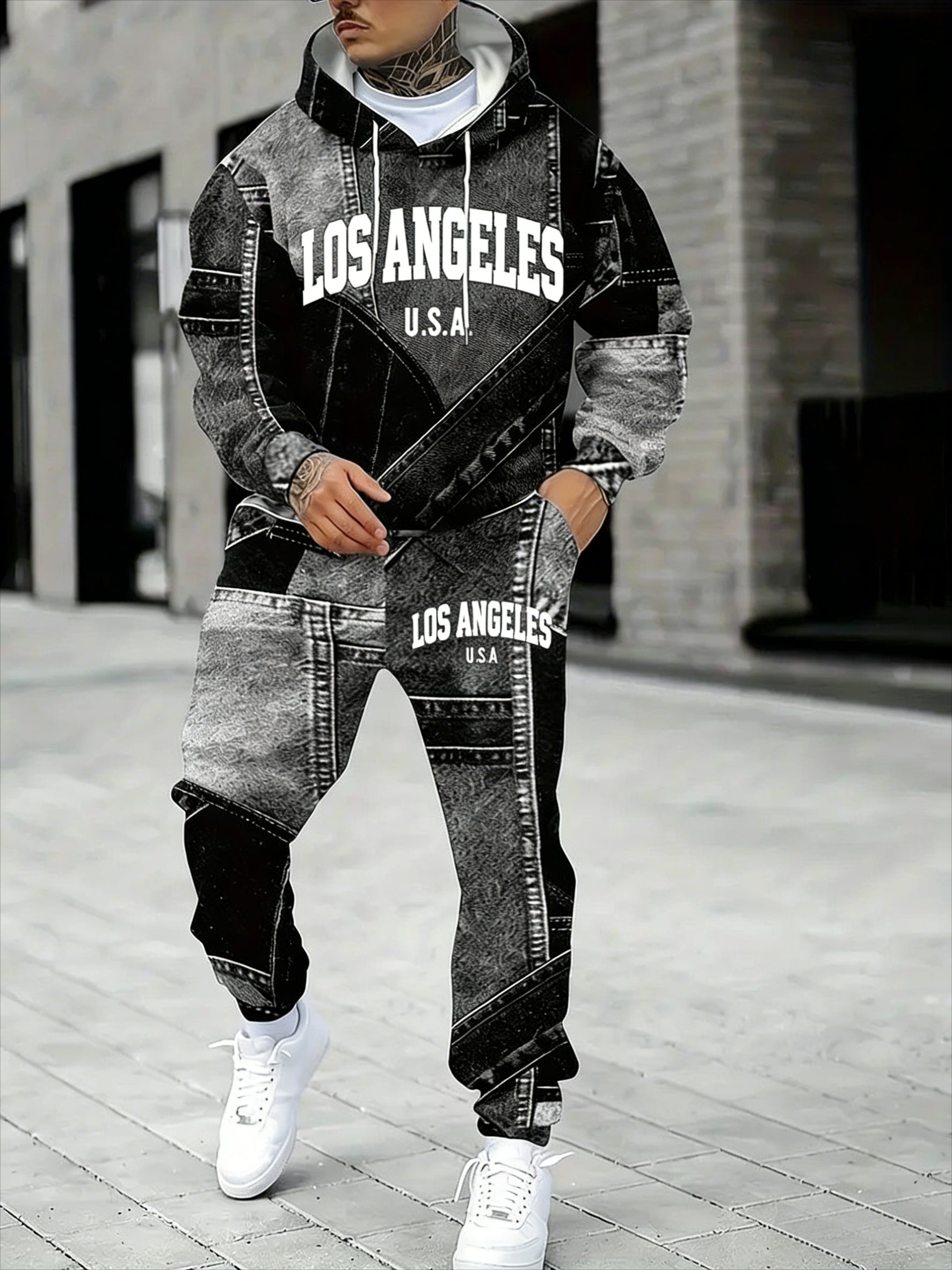 KZZ Men's Fall Winter Hooded Sweatshirt & Pants Set