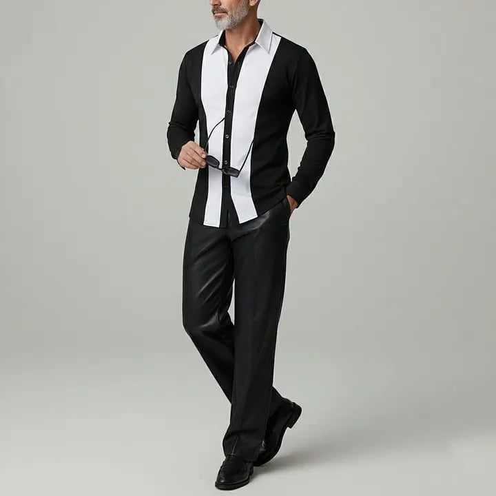 KZZ Men's Black White Contrast Shirt Collar Single Breasted Long Sleeve Shirts