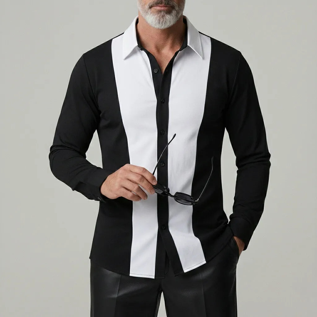KZZ Men's Black White Contrast Shirt Collar Single Breasted Long Sleeve Shirts