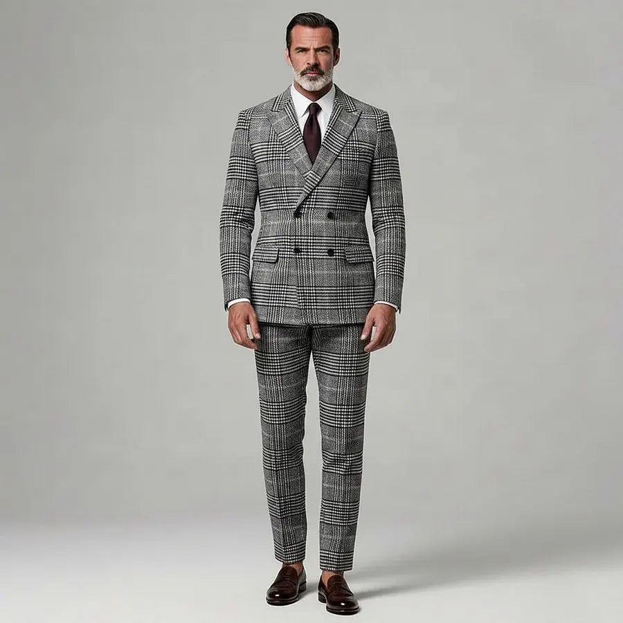 KZZ Men's Business Plaid Notched Lapel Long Sleeve Blazer & Straight Leg Pants 2Pcs Set